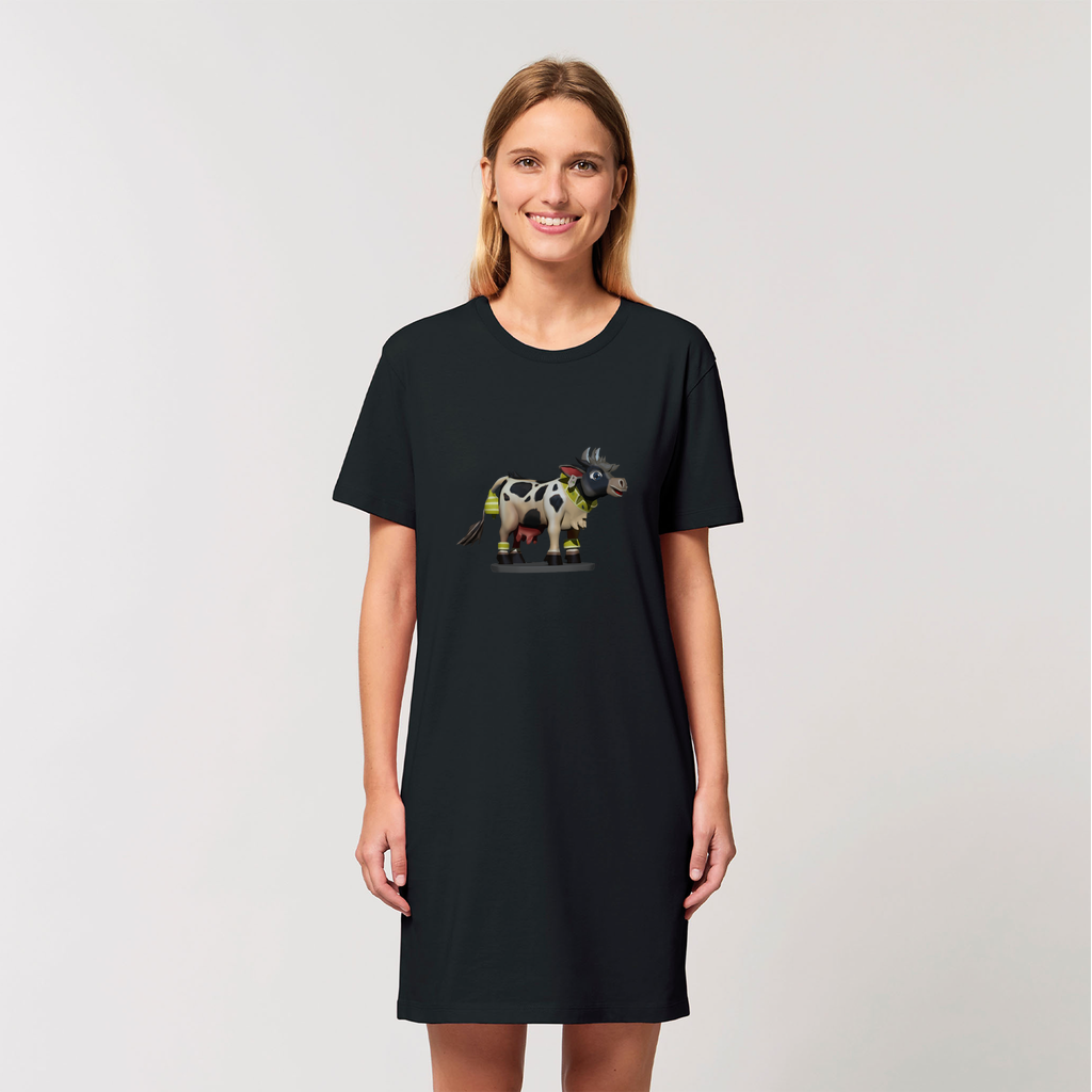 Black and White Cow Organic T-Shirt Dress made from 100% organic cotton, featuring a stylish design and comfortable fit.