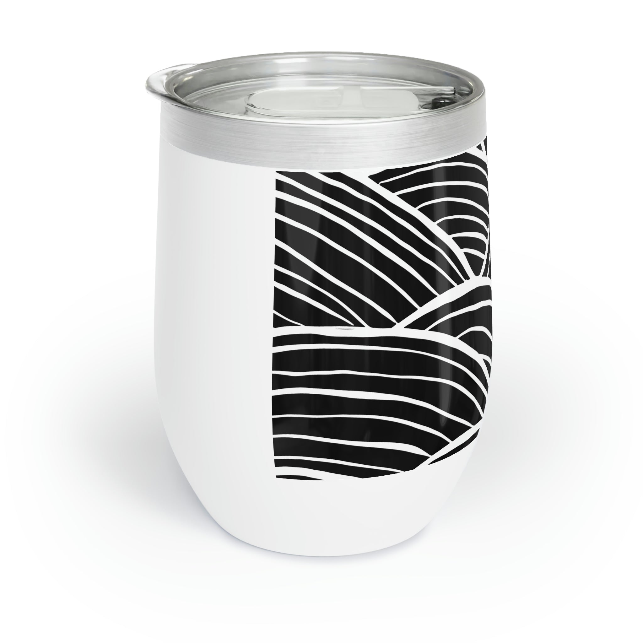 Black and white patterned wine tumbler with double-insulated walls, perfect for maintaining drink temperature.