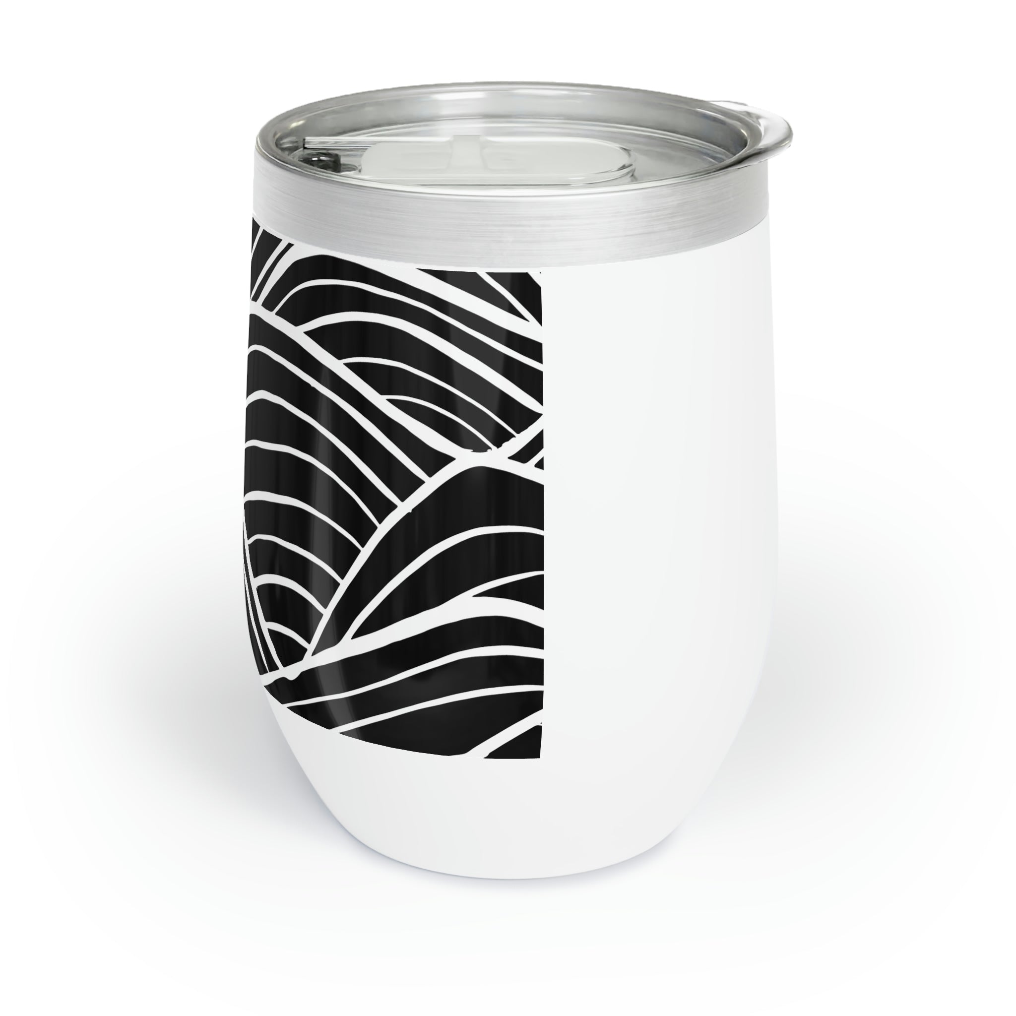 Black and white patterned wine tumbler with double-insulated walls, perfect for maintaining drink temperature.