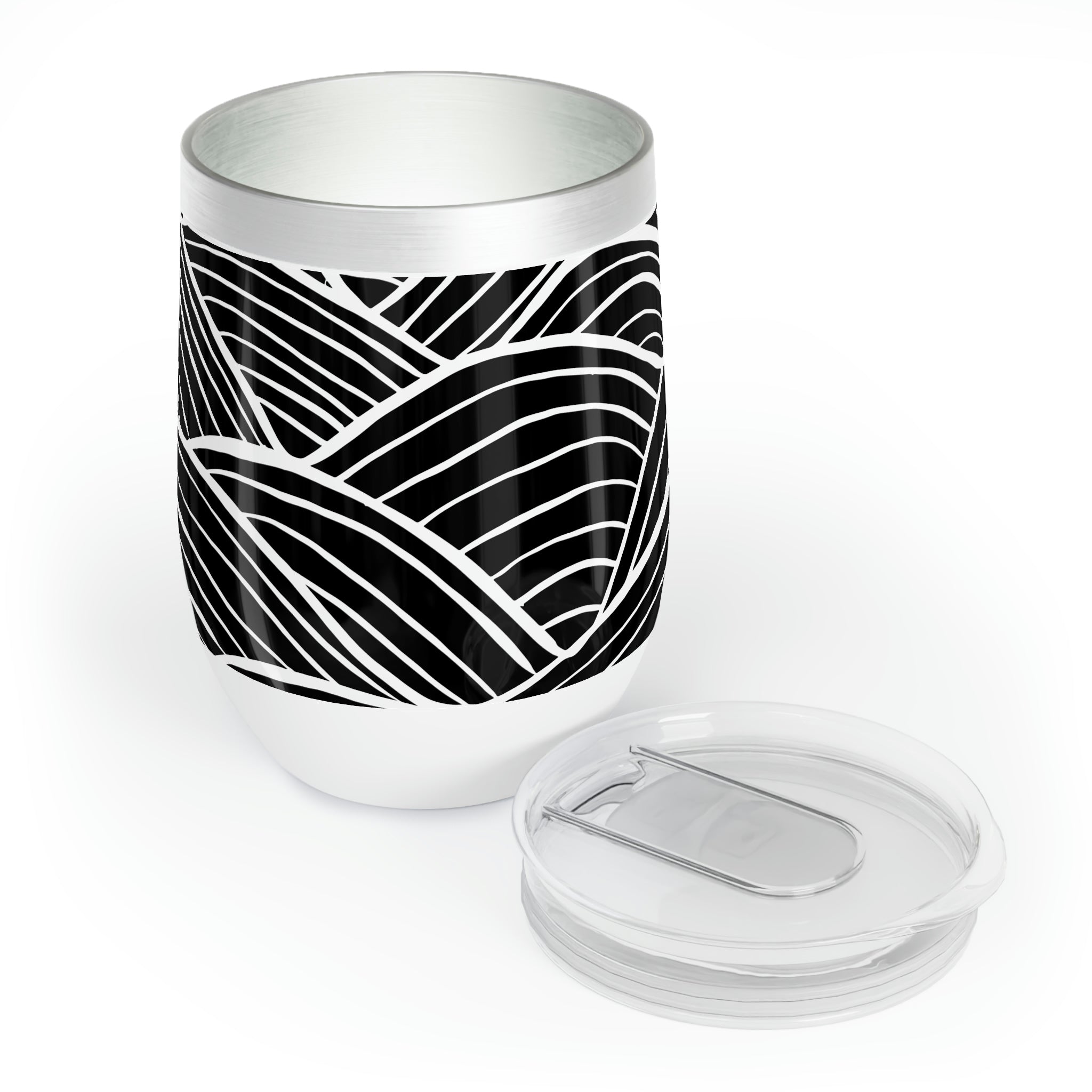 Black and white patterned wine tumbler with double-insulated walls, perfect for maintaining drink temperature.