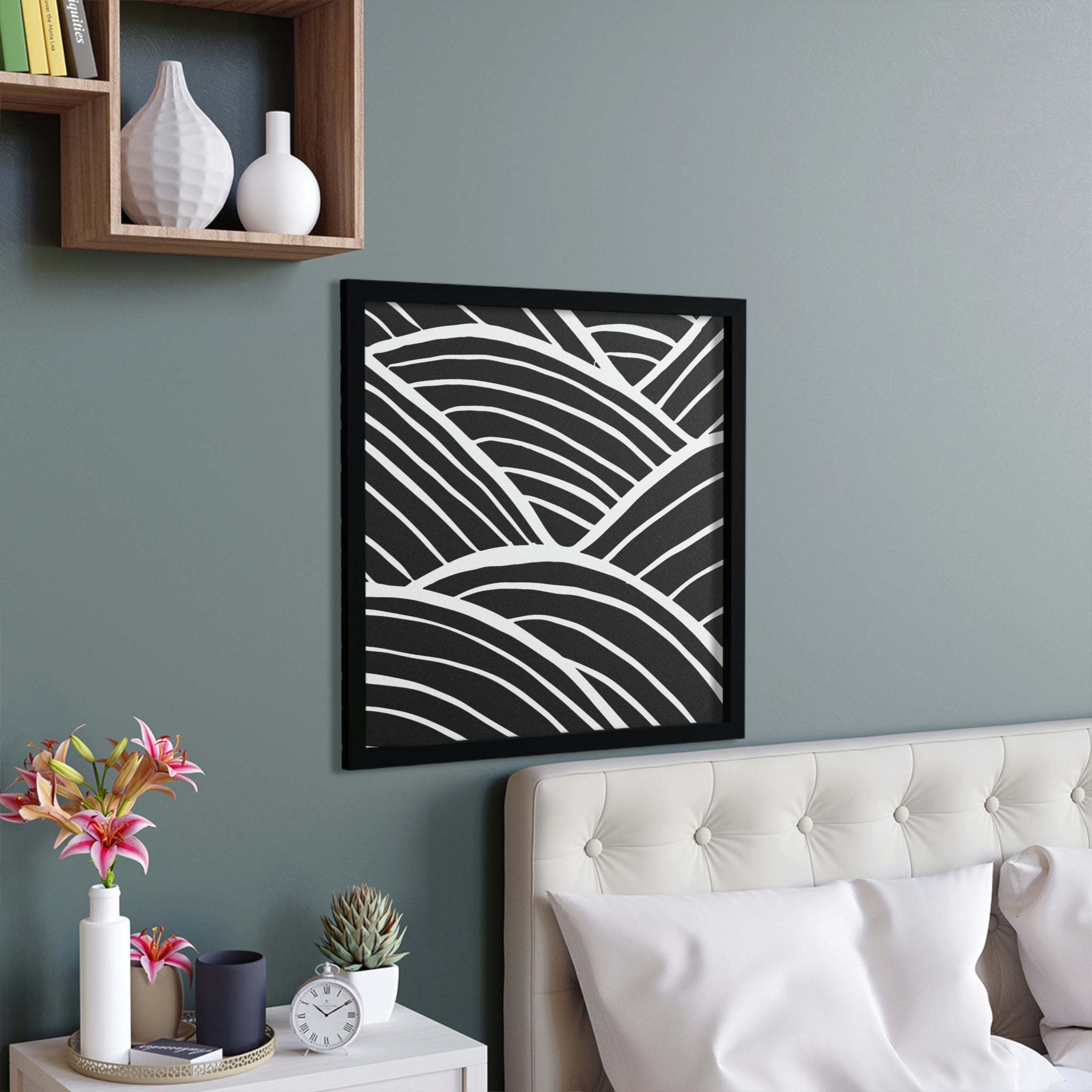 A stylish Black and White Pattern Background Framed Poster featuring a hand-crafted wooden frame, perfect for enhancing home decor.