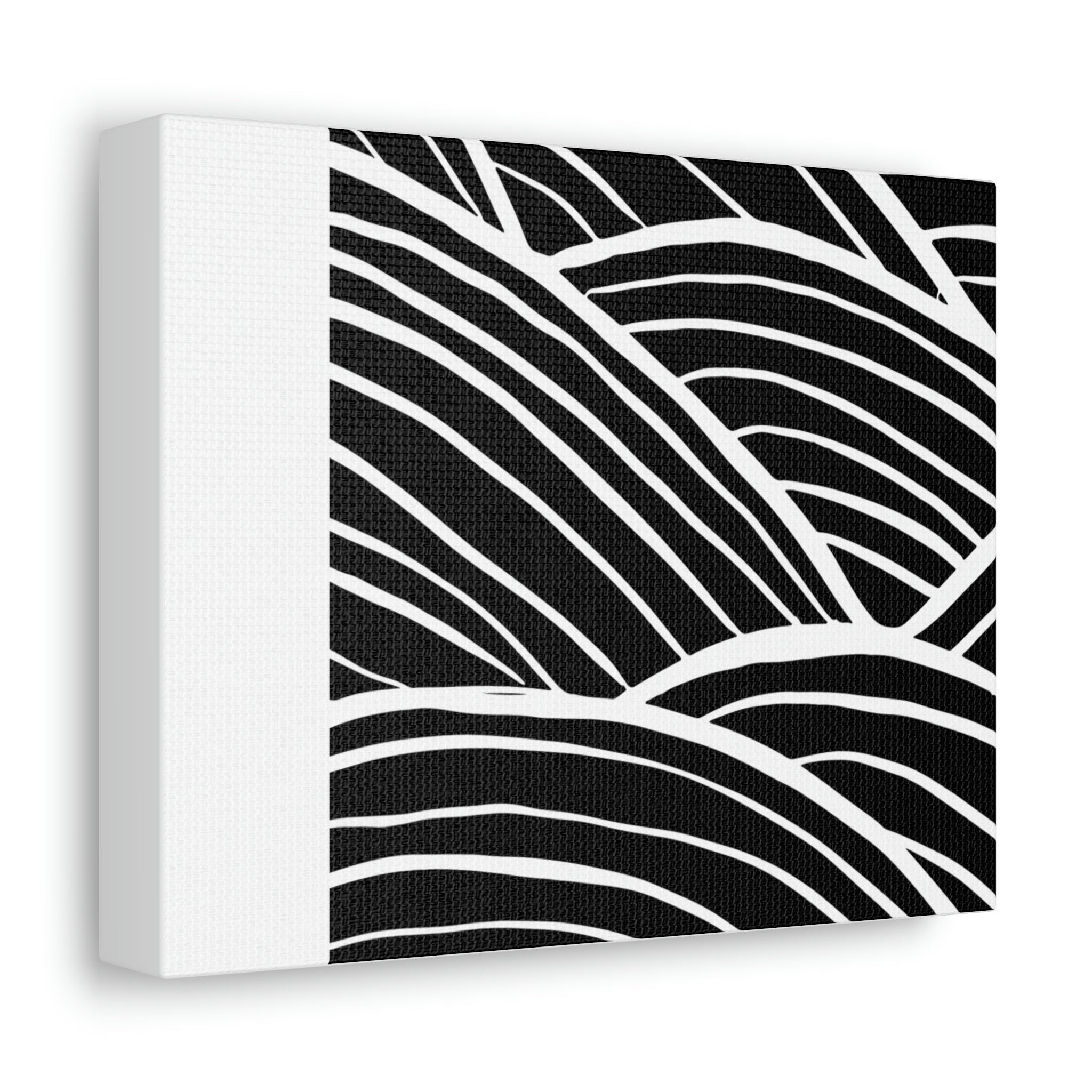 Black and white patterned stretched canvas art piece on a wooden frame, designed for indoor use.