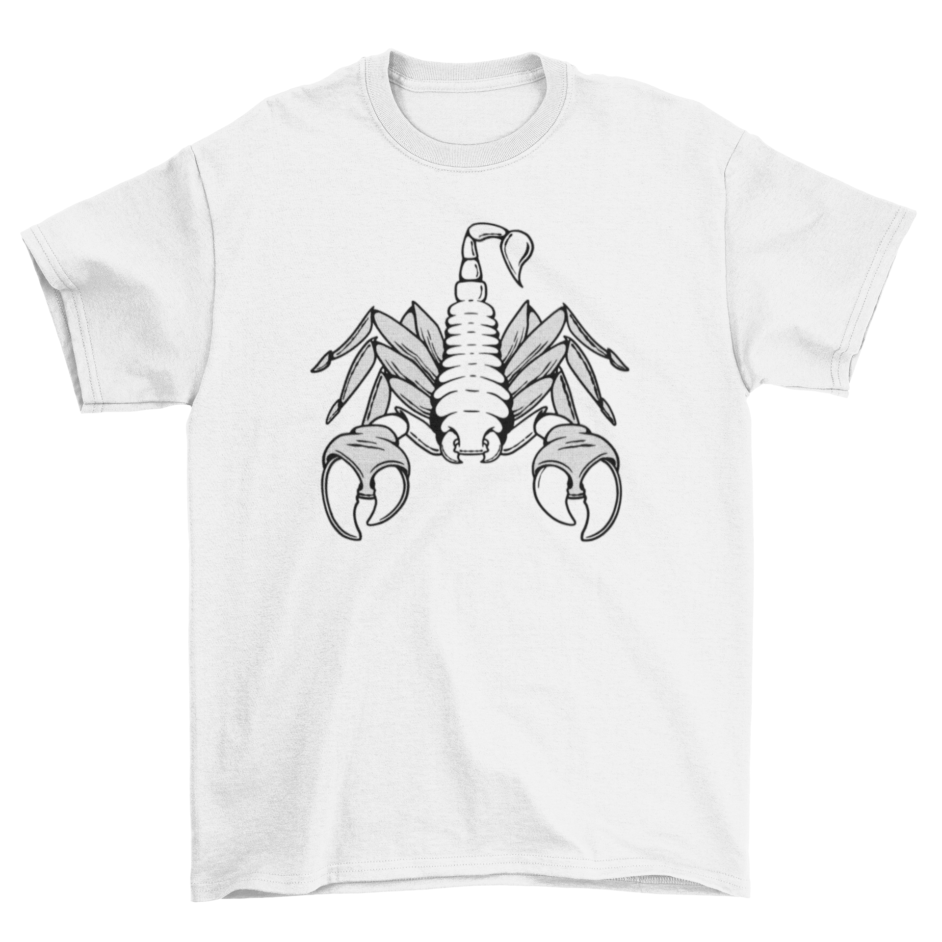 Black and white t-shirt featuring a detailed scorpion illustration, perfect for casual wear.