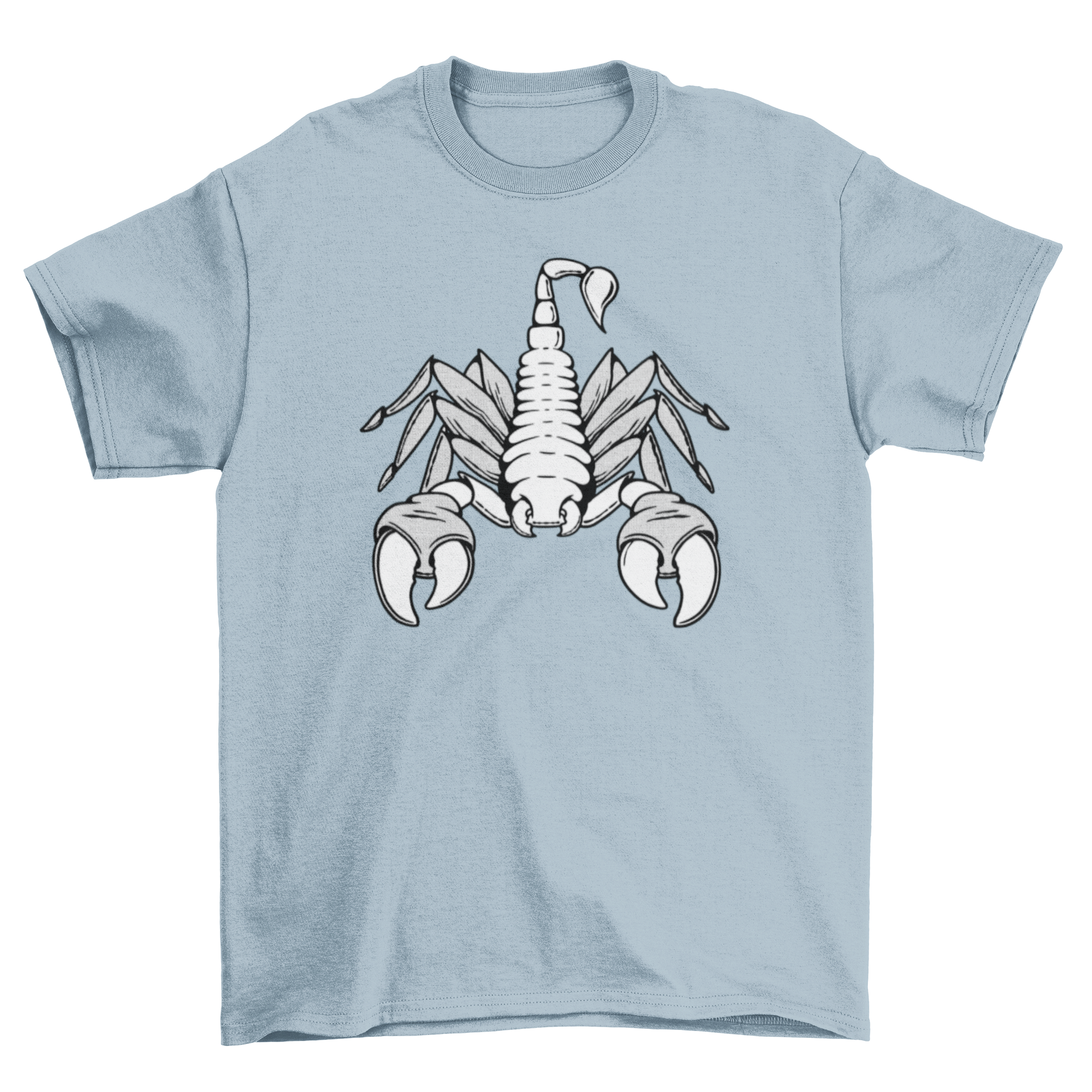 Black and white t-shirt featuring a detailed scorpion illustration, perfect for casual wear.