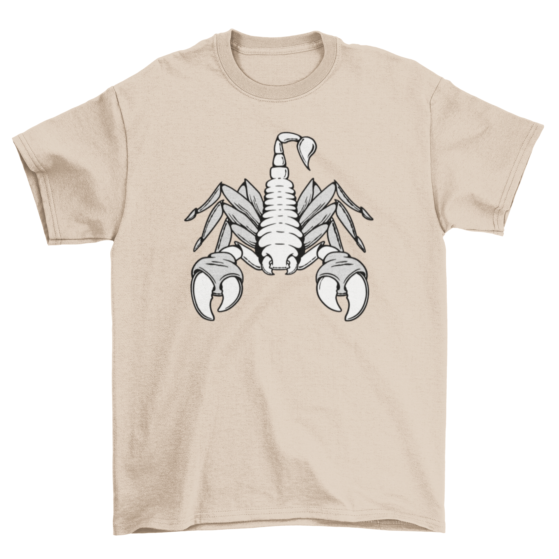 Black and white t-shirt featuring a detailed scorpion illustration, perfect for casual wear.