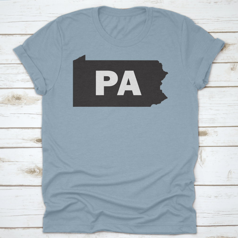 Black and white silhouette map design of Pennsylvania on a cotton shirt, showcasing the state's outline in a stylish and modern way.