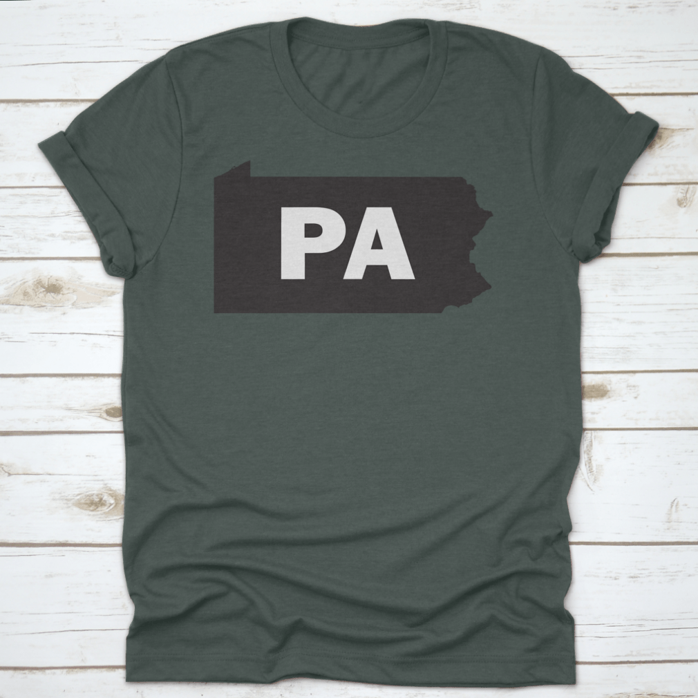 Black and white silhouette map design of Pennsylvania on a cotton shirt, showcasing the state's outline in a stylish and modern way.