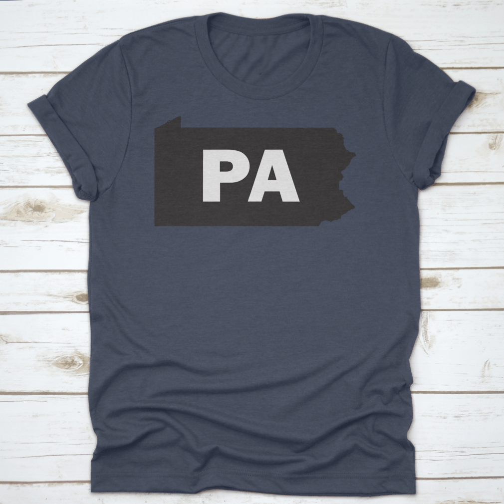 Black and white silhouette map design of Pennsylvania on a cotton shirt, showcasing the state's outline in a stylish and modern way.