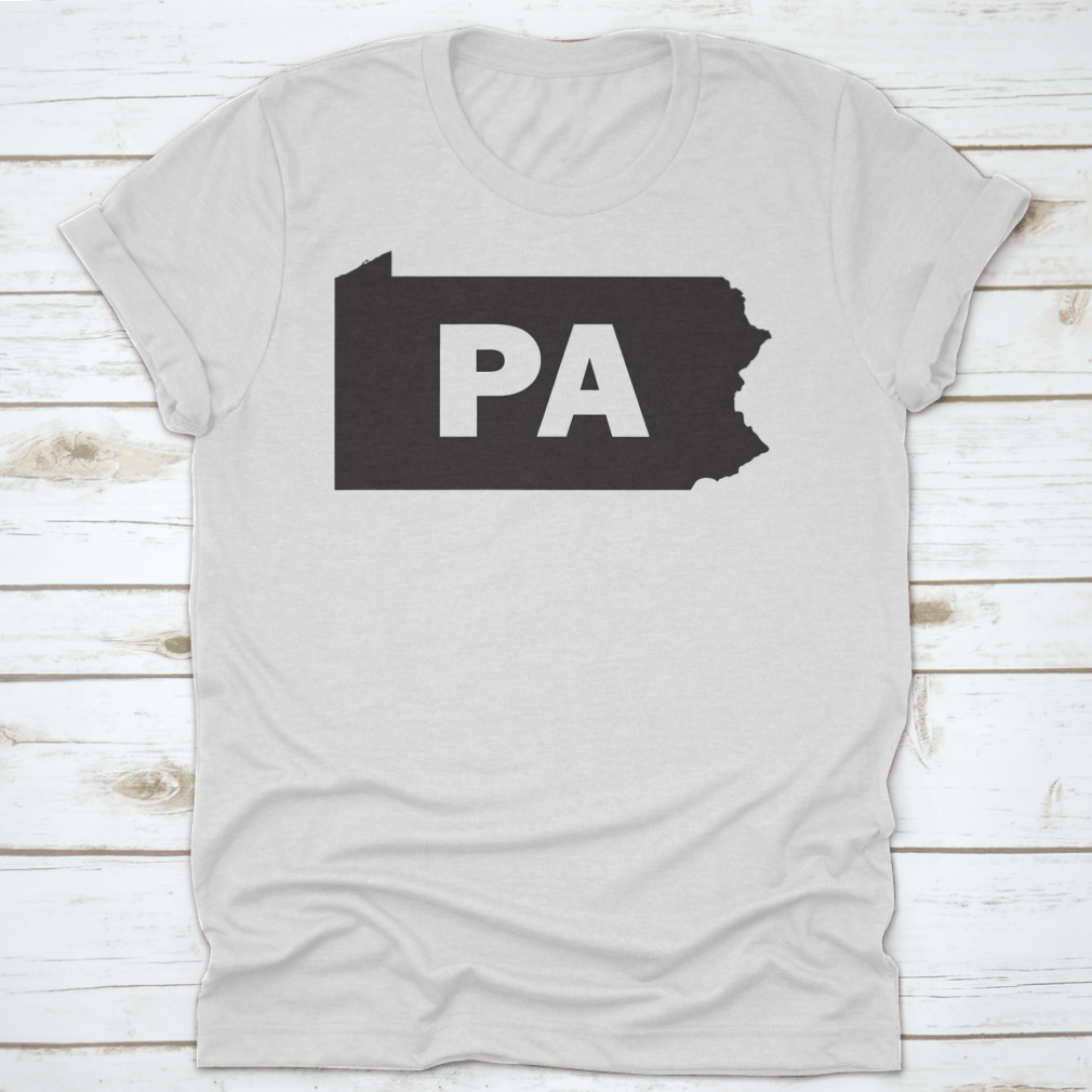 Black and white silhouette map design of Pennsylvania on a cotton shirt, showcasing the state's outline in a stylish and modern way.