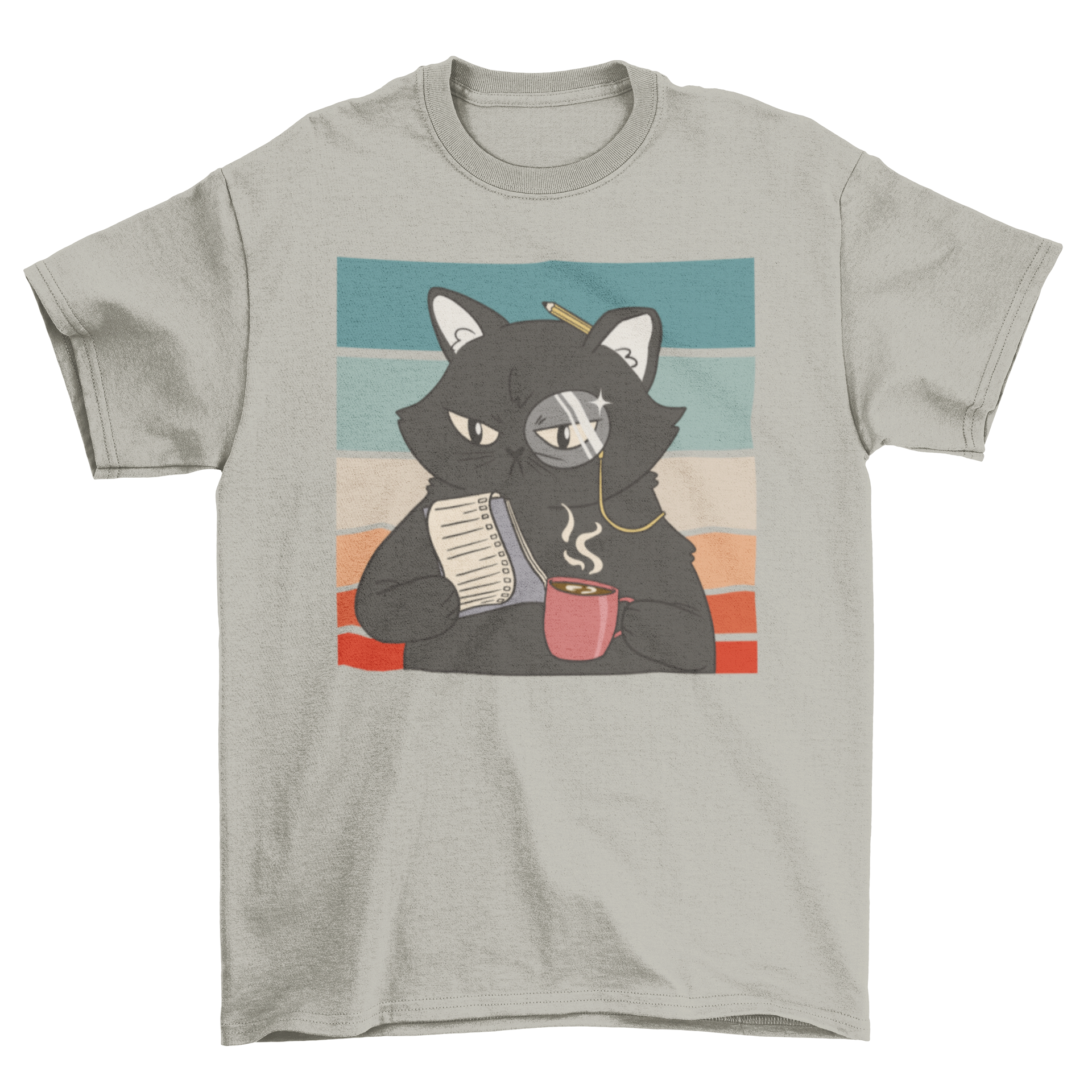 A stylish black t-shirt featuring a unique black cat character design, perfect for cat lovers.