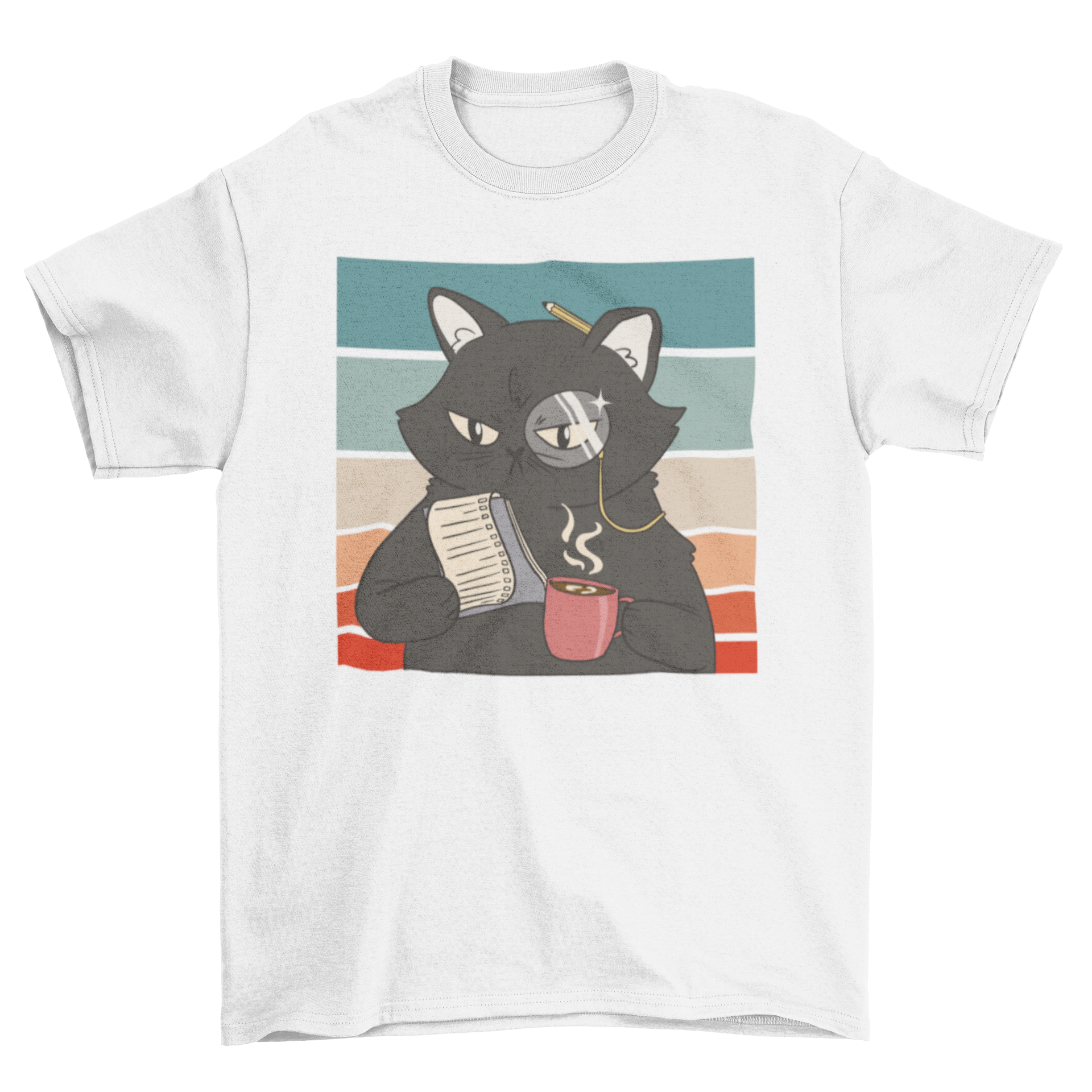 A stylish black t-shirt featuring a unique black cat character design, perfect for cat lovers.