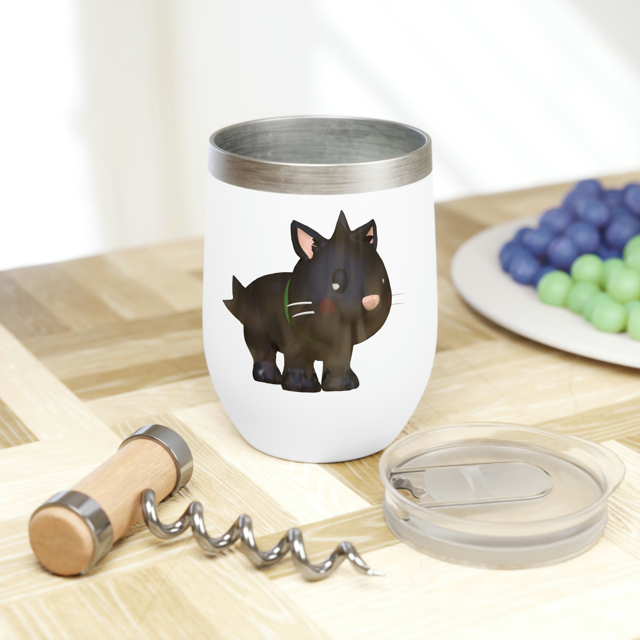 Black Cat Chill Wine Tumbler in stainless steel with a sleek design, perfect for keeping drinks hot or cold.