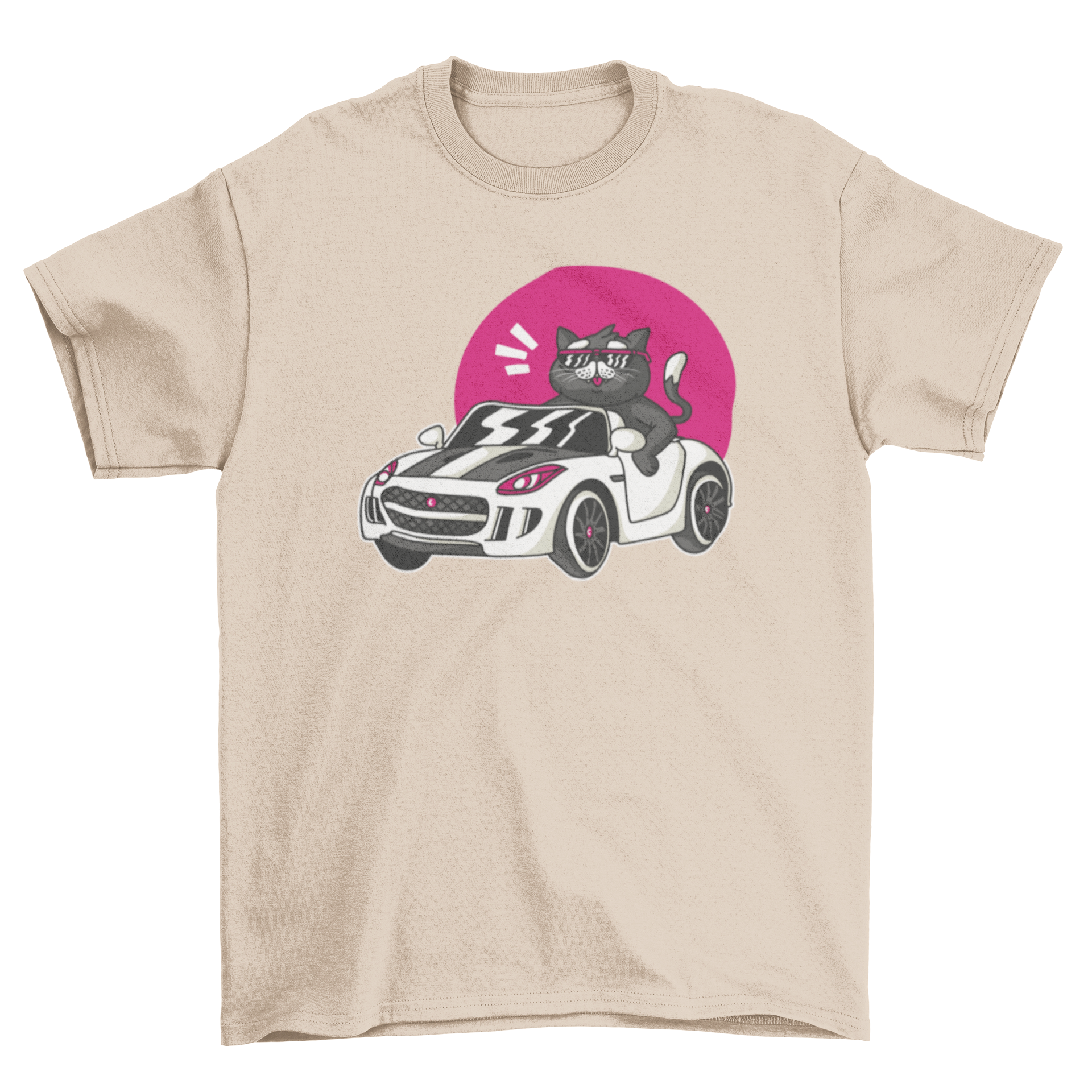 A cute black cat driving a colorful car against a vibrant sunset background on a t-shirt.