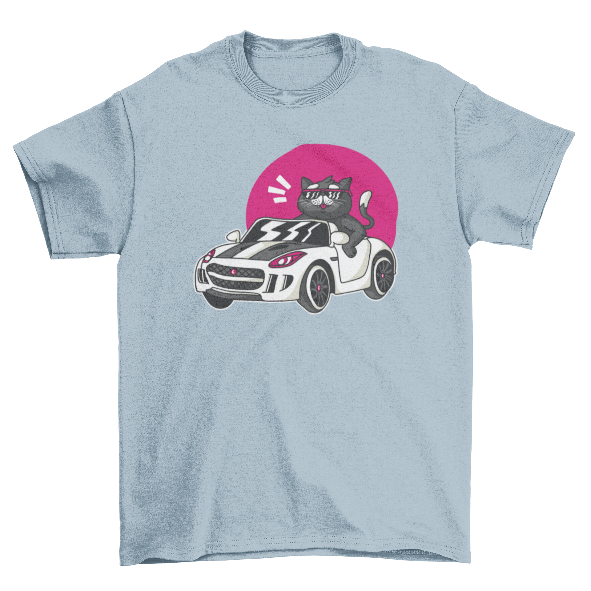 A cute black cat driving a colorful car against a vibrant sunset background on a t-shirt.