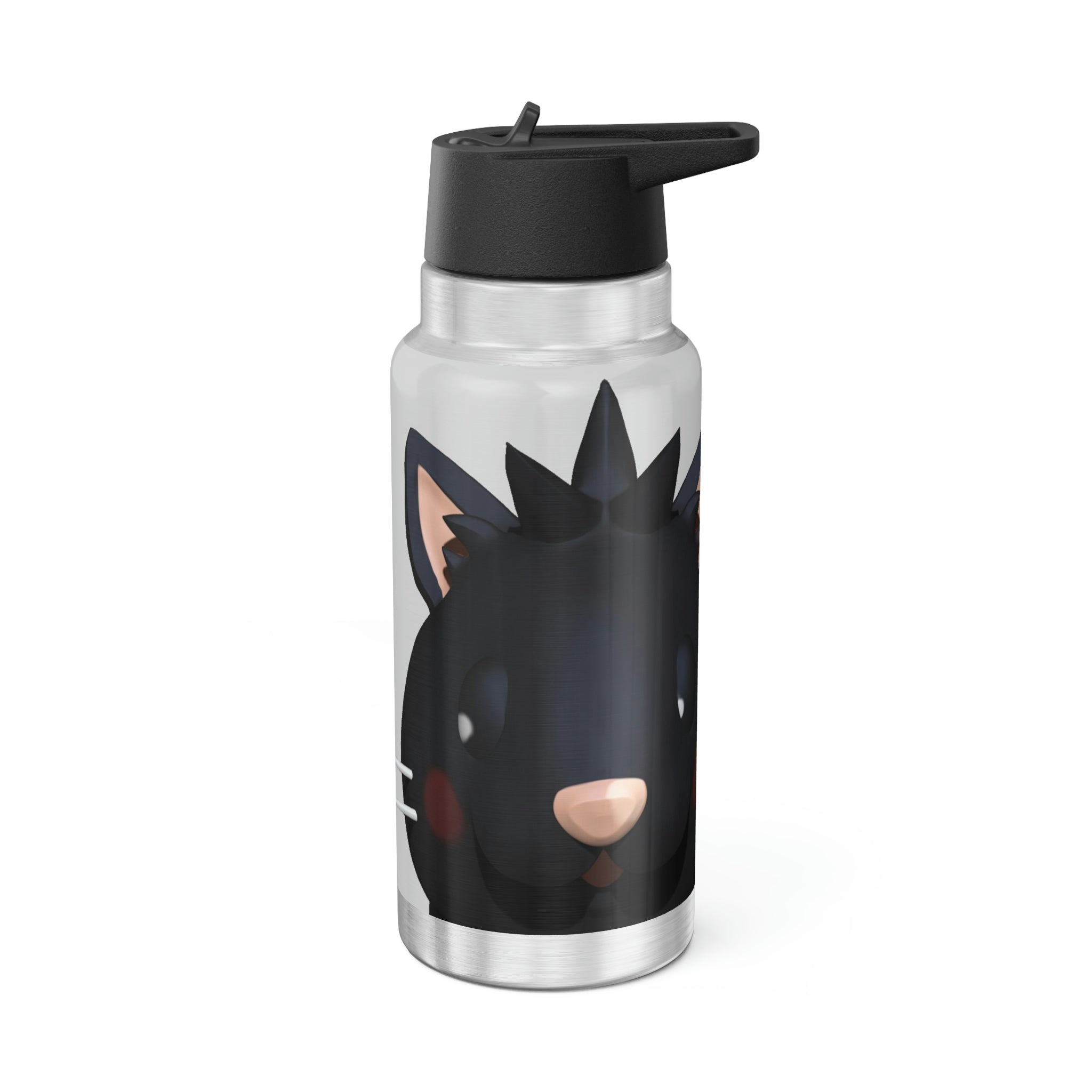 Black Cat Gator Tumbler, 32oz, stainless steel with a black plastic screw-on cap and a straw, featuring customizable design options.