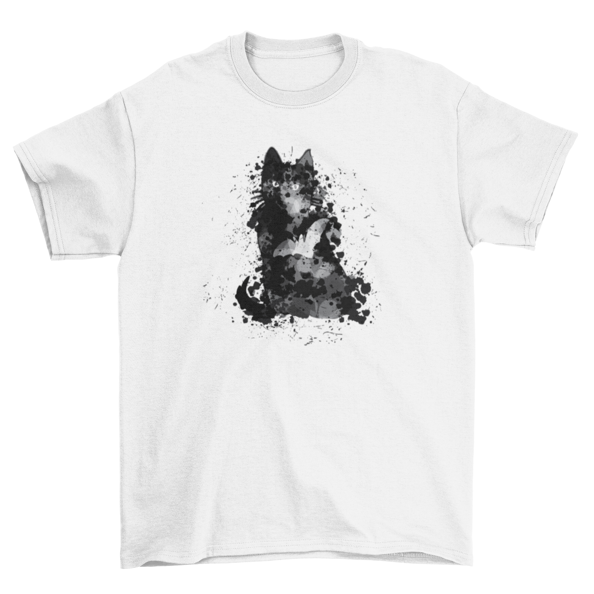 Black Cat Halloween t-shirt featuring a grungy watercolor design with cat and bat silhouettes and colorful paint splashes.