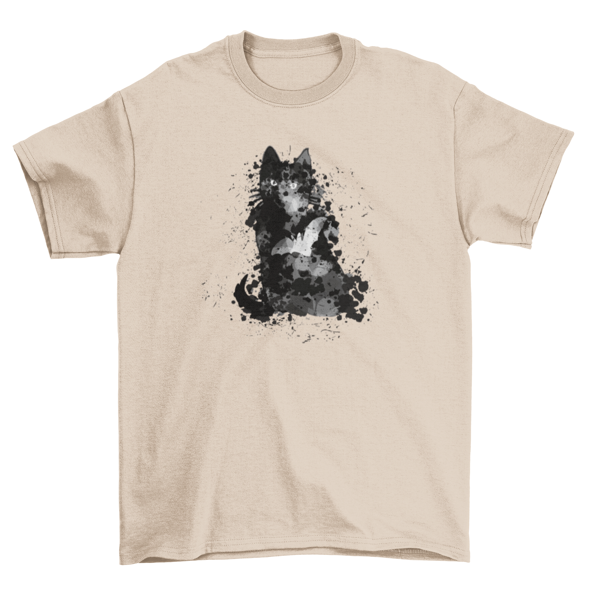 Black Cat Halloween t-shirt featuring a grungy watercolor design with cat and bat silhouettes and colorful paint splashes.