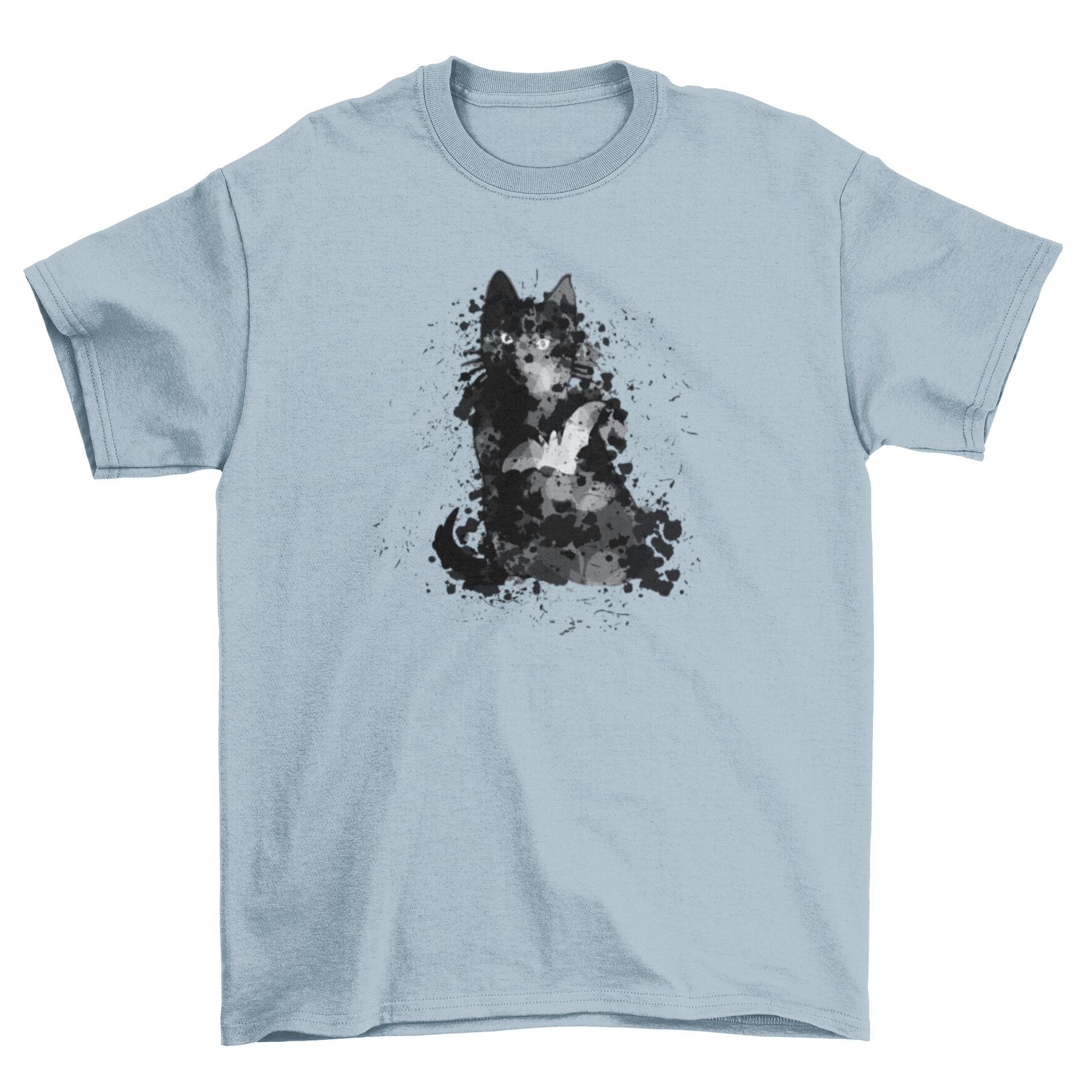 Black Cat Halloween t-shirt featuring a grungy watercolor design with cat and bat silhouettes and colorful paint splashes.