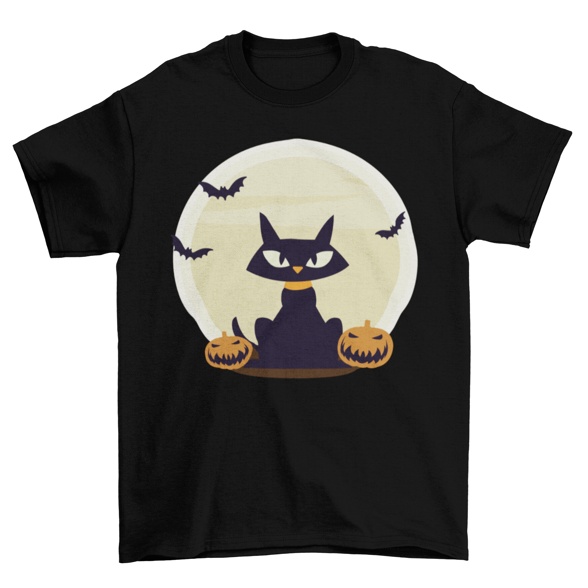 Black Cat Halloween t-shirt featuring a black cat, pumpkins, and bats against a full moon backdrop.