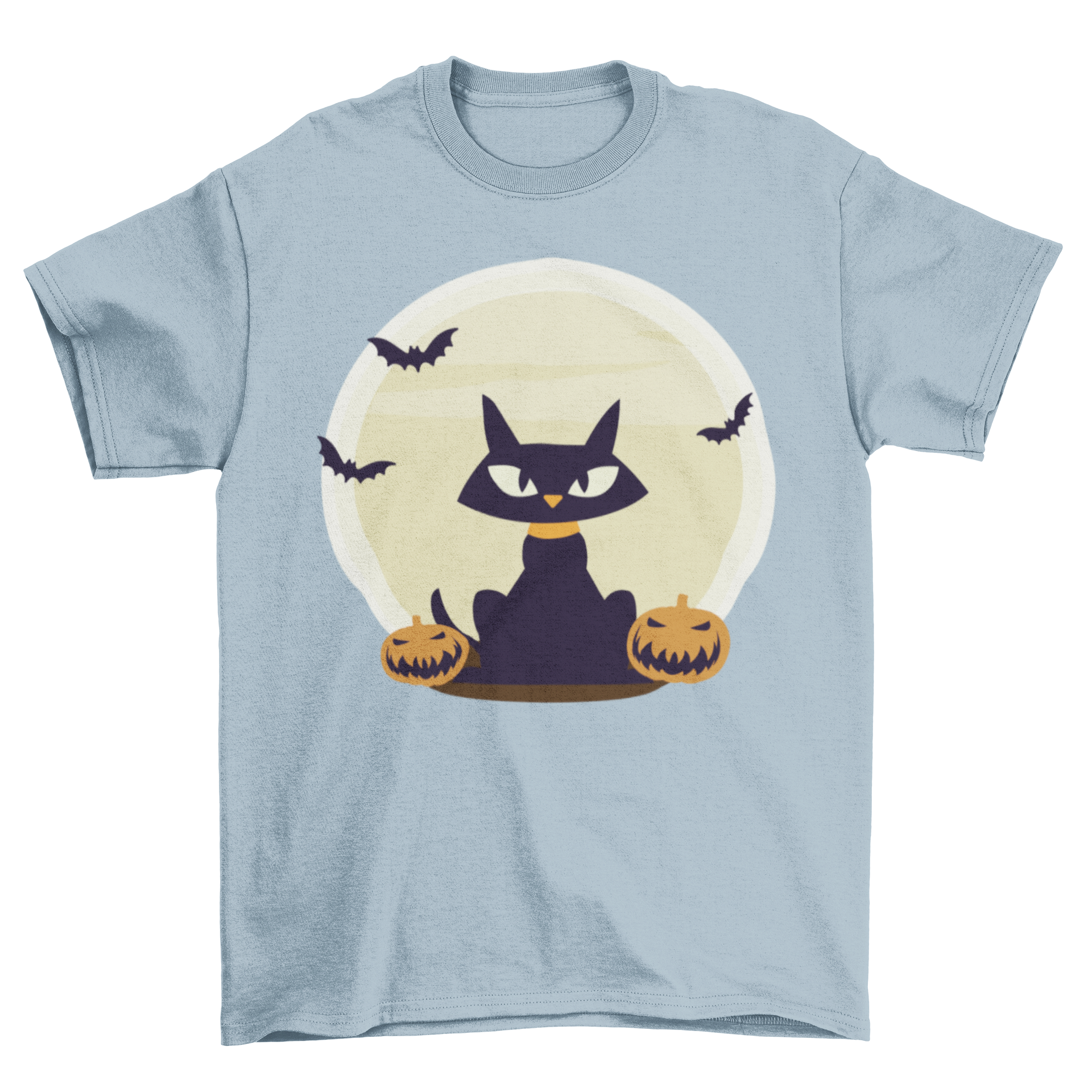 Black Cat Halloween t-shirt featuring a black cat, pumpkins, and bats against a full moon backdrop.