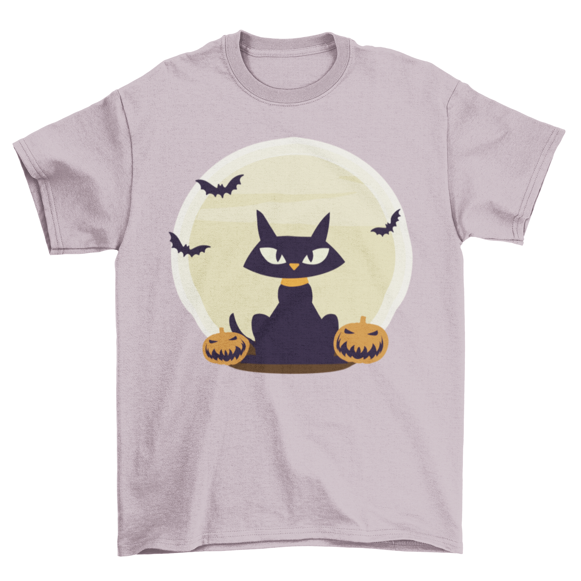 Black Cat Halloween t-shirt featuring a black cat, pumpkins, and bats against a full moon backdrop.