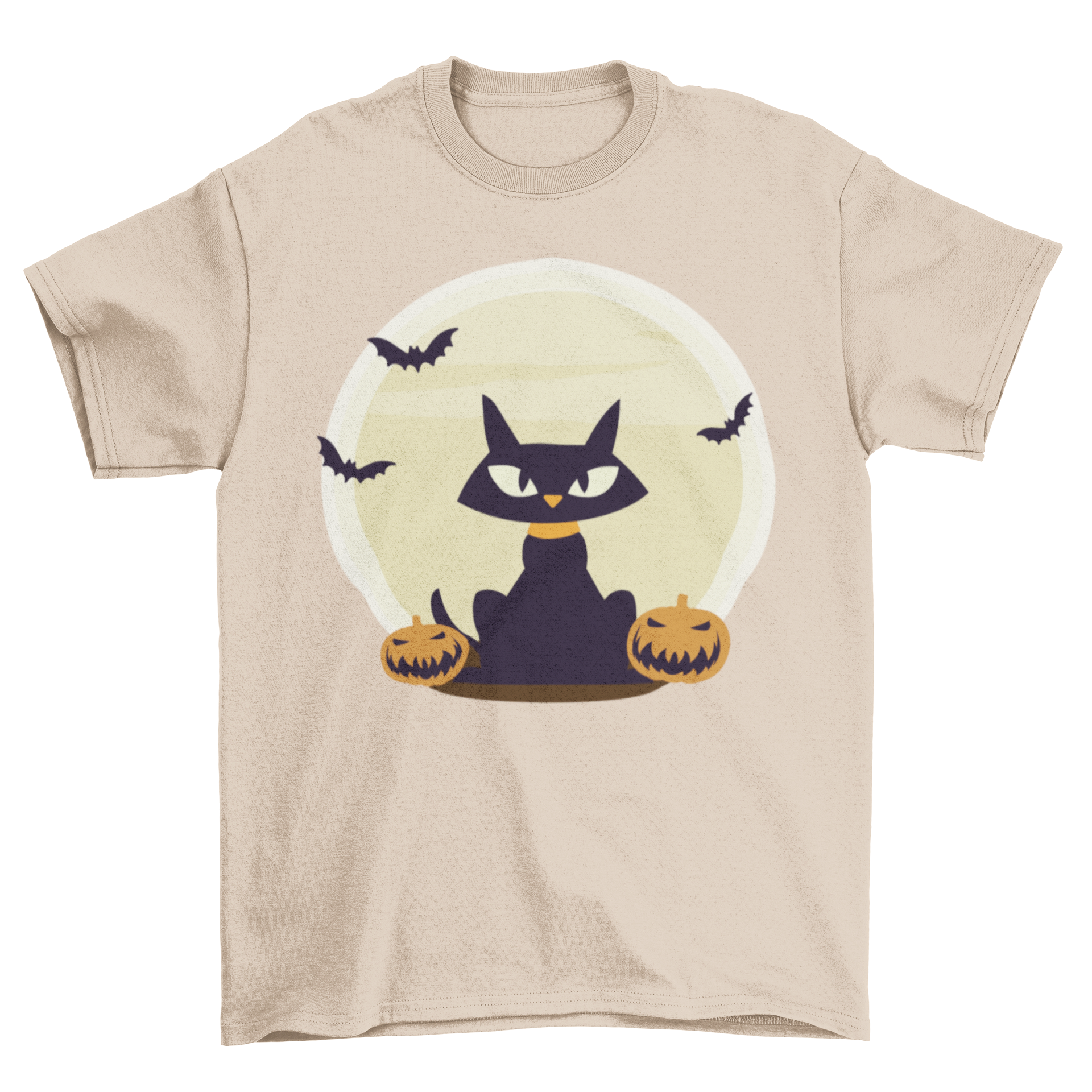 Black Cat Halloween t-shirt featuring a black cat, pumpkins, and bats against a full moon backdrop.