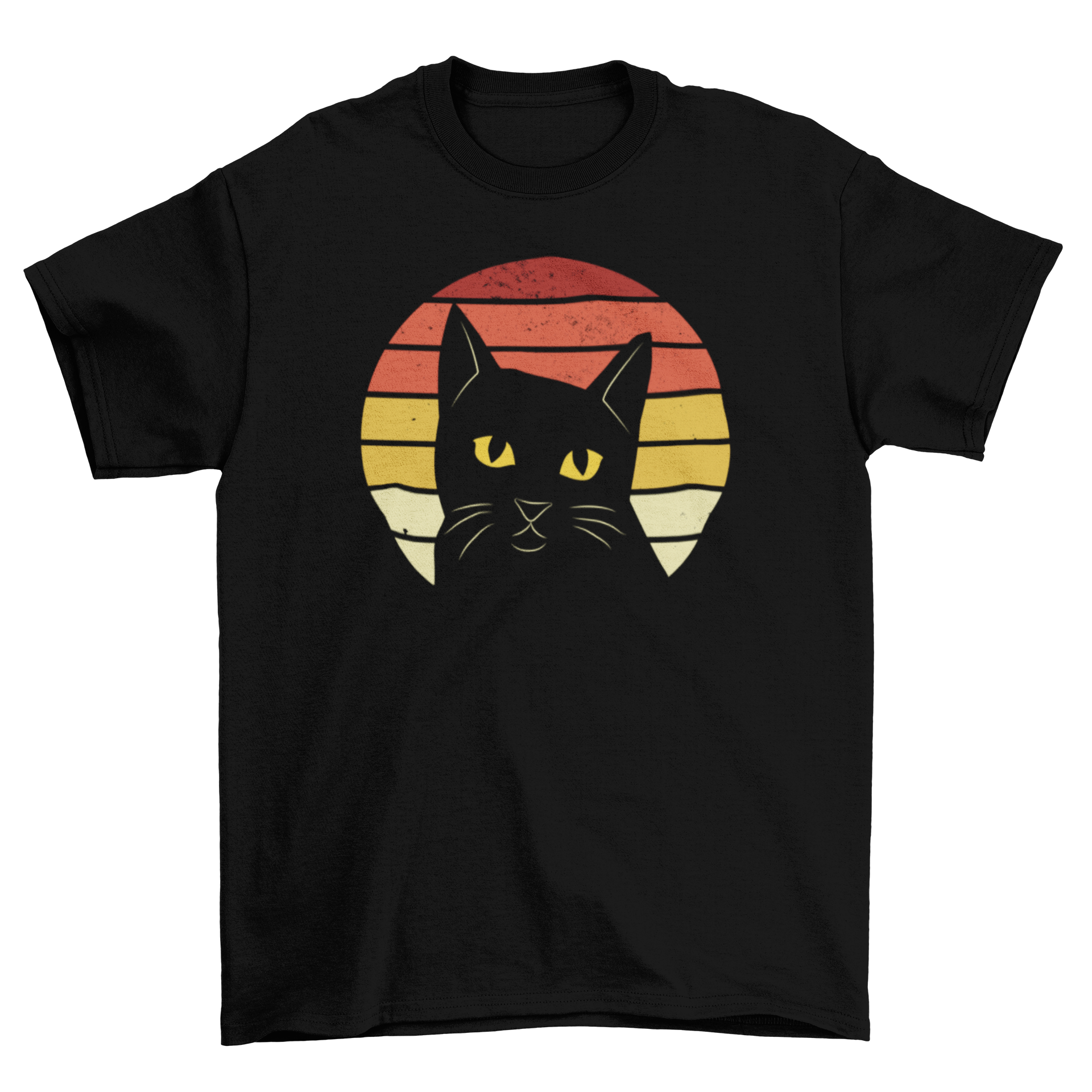 A stylish black t-shirt featuring a retro sunset design with a black cat silhouette.