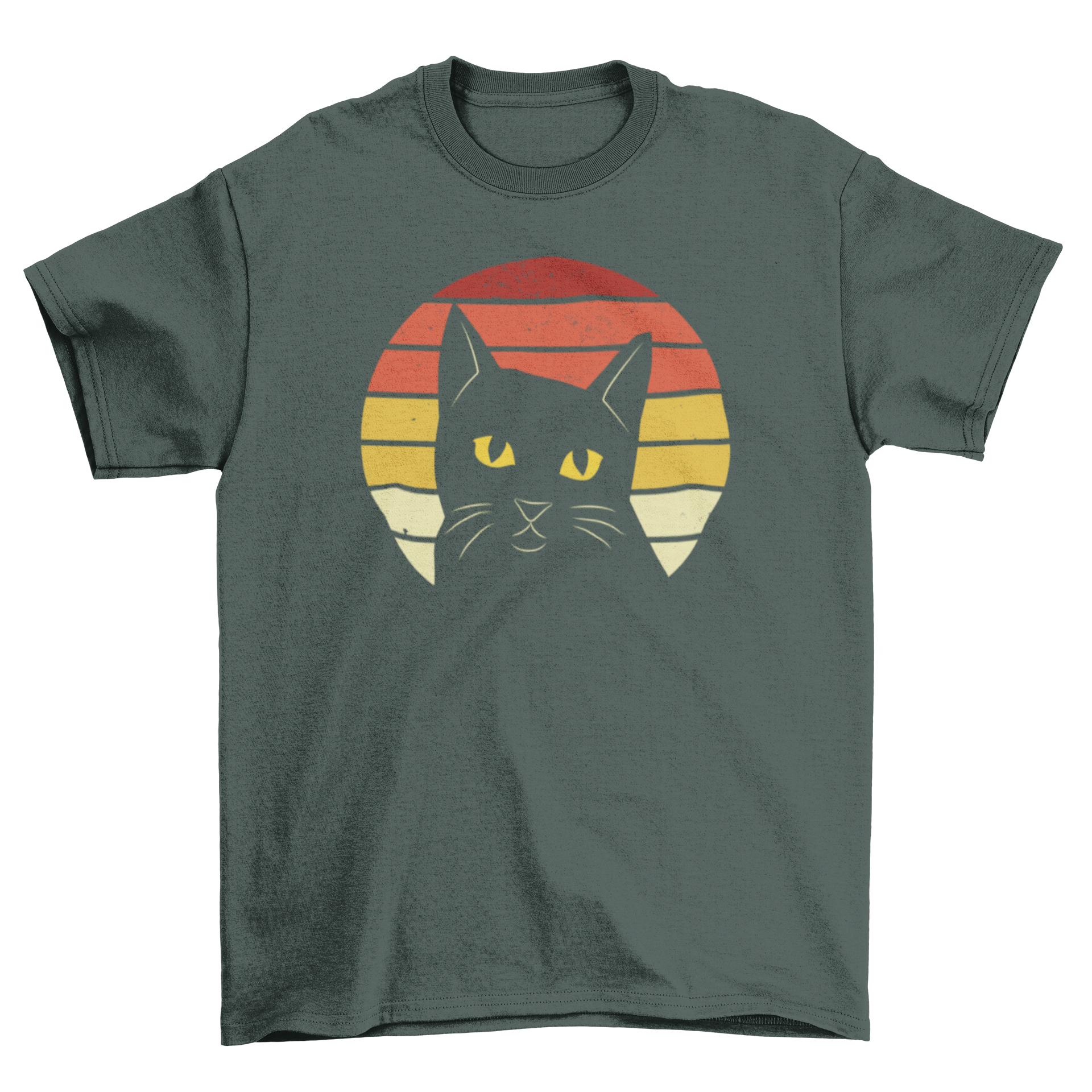 A stylish black t-shirt featuring a retro sunset design with a black cat silhouette.