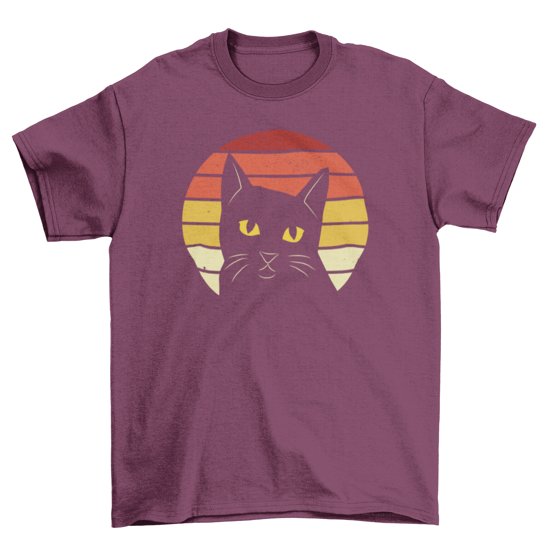 A stylish black t-shirt featuring a retro sunset design with a black cat silhouette.