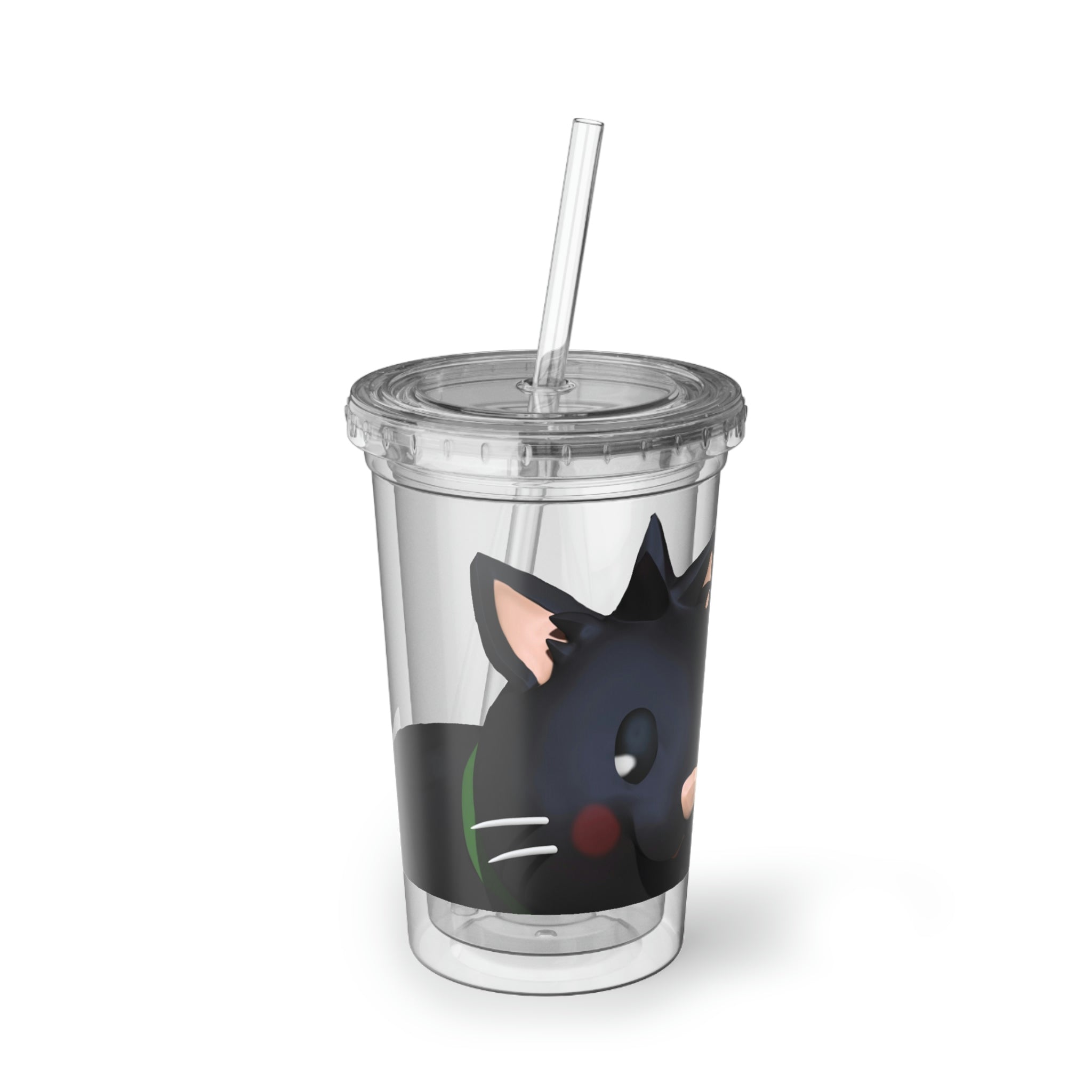 Black Cat Suave Acrylic Cup with double-wall insulation, featuring a plastic lid and straw, perfect for hot and cold beverages.