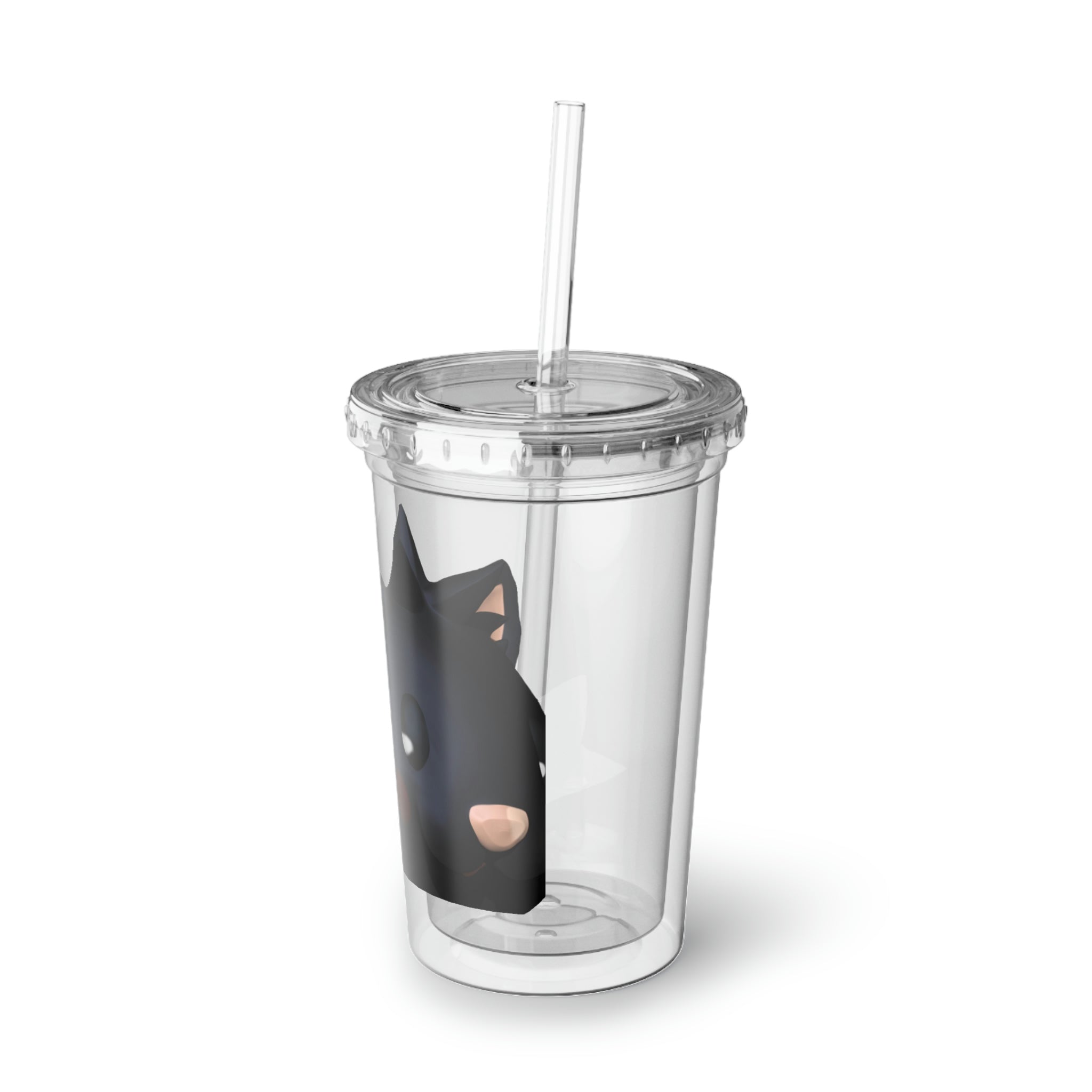 Black Cat Suave Acrylic Cup with double-wall insulation, featuring a plastic lid and straw, perfect for hot and cold beverages.