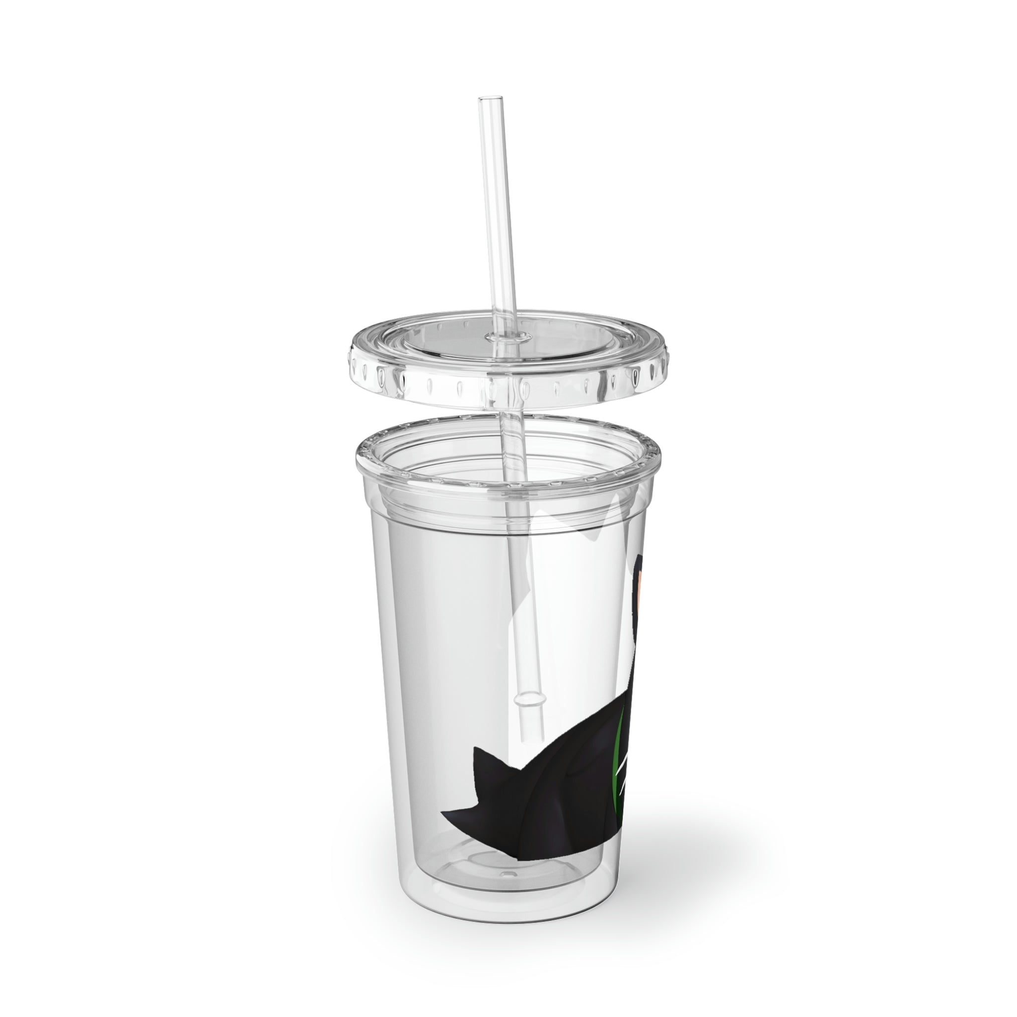 Black Cat Suave Acrylic Cup with double-wall insulation, featuring a plastic lid and straw, perfect for hot and cold beverages.