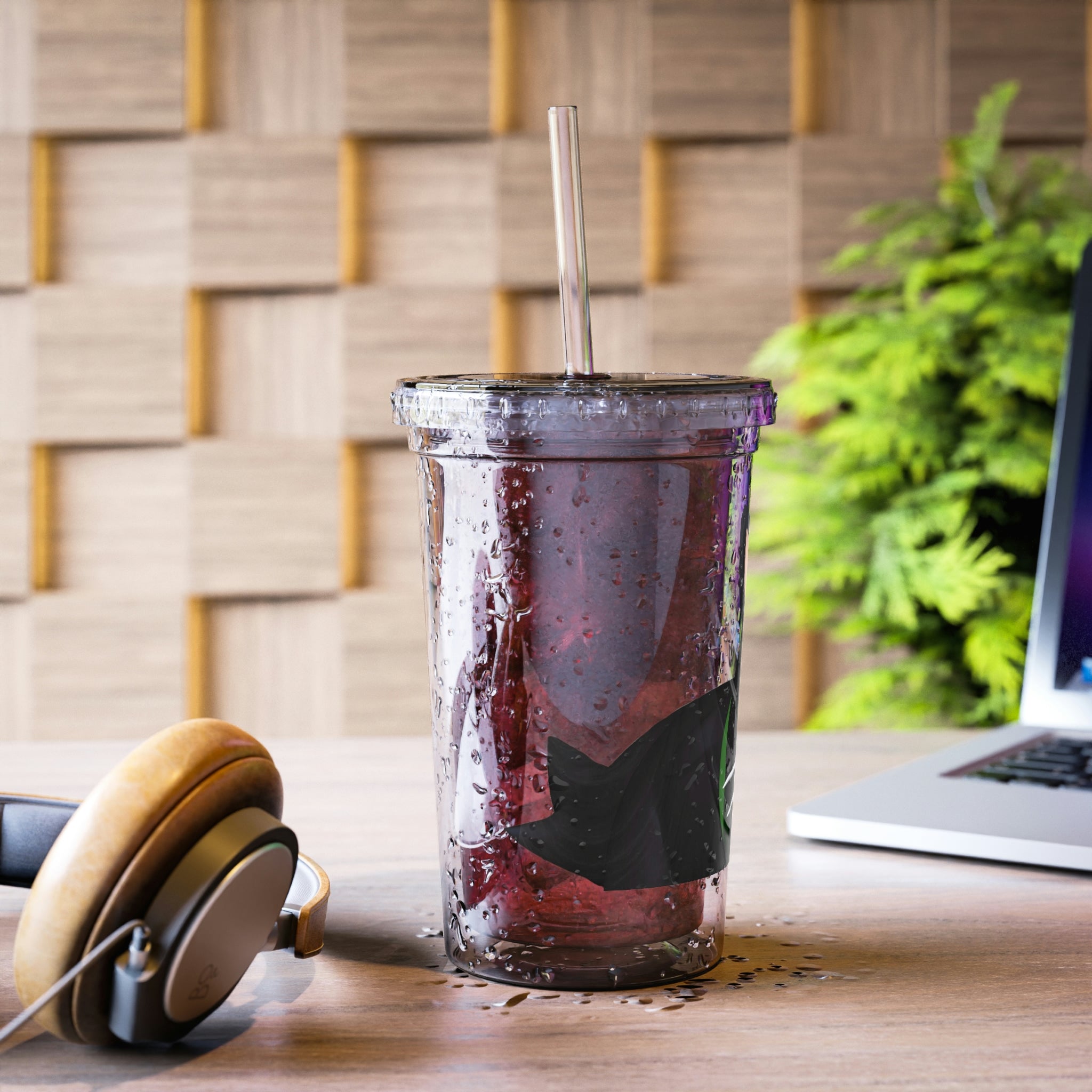 Black Cat Suave Acrylic Cup with double-wall insulation, featuring a plastic lid and straw, perfect for hot and cold beverages.