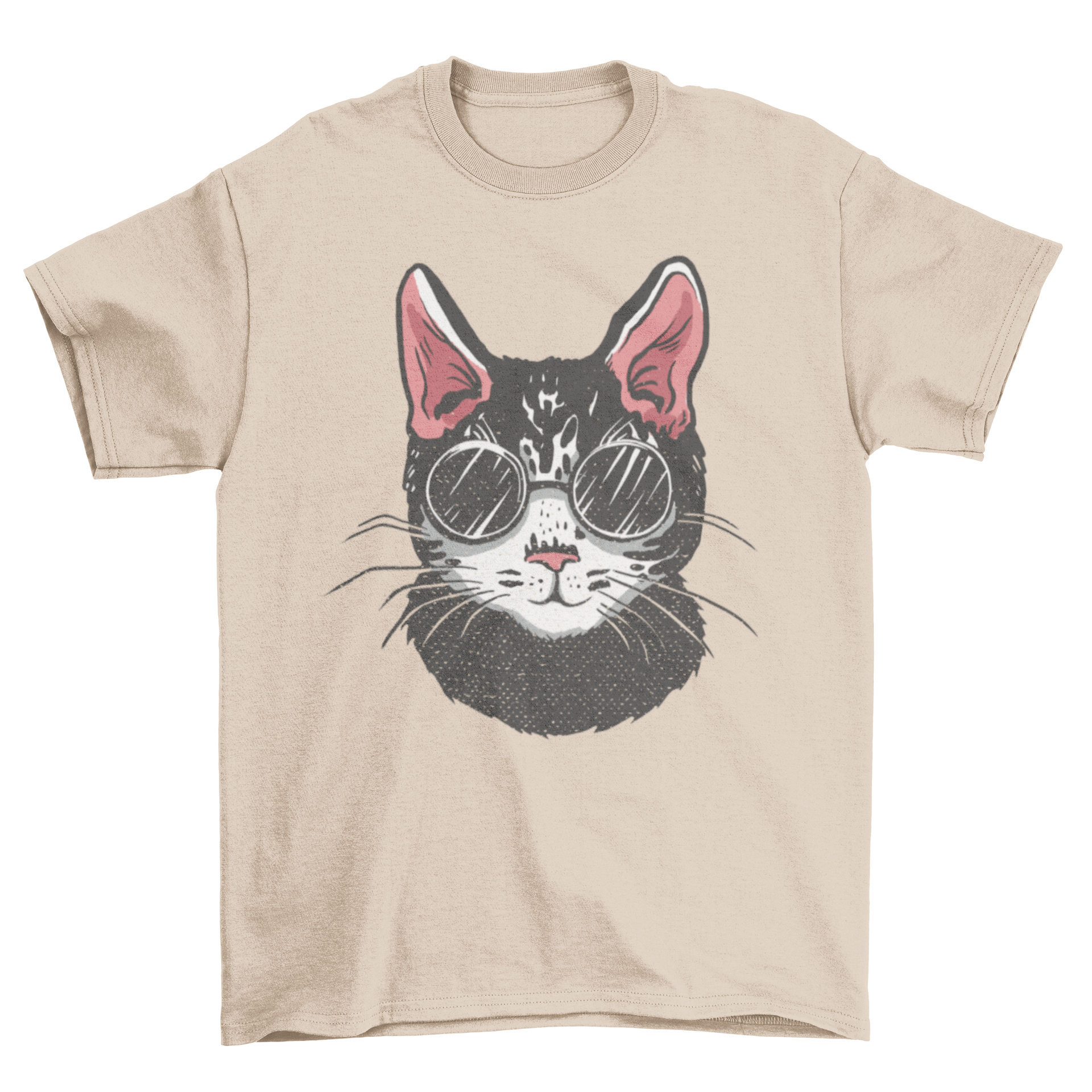 A stylish black t-shirt featuring a black cat wearing sunglasses, perfect for cat lovers.