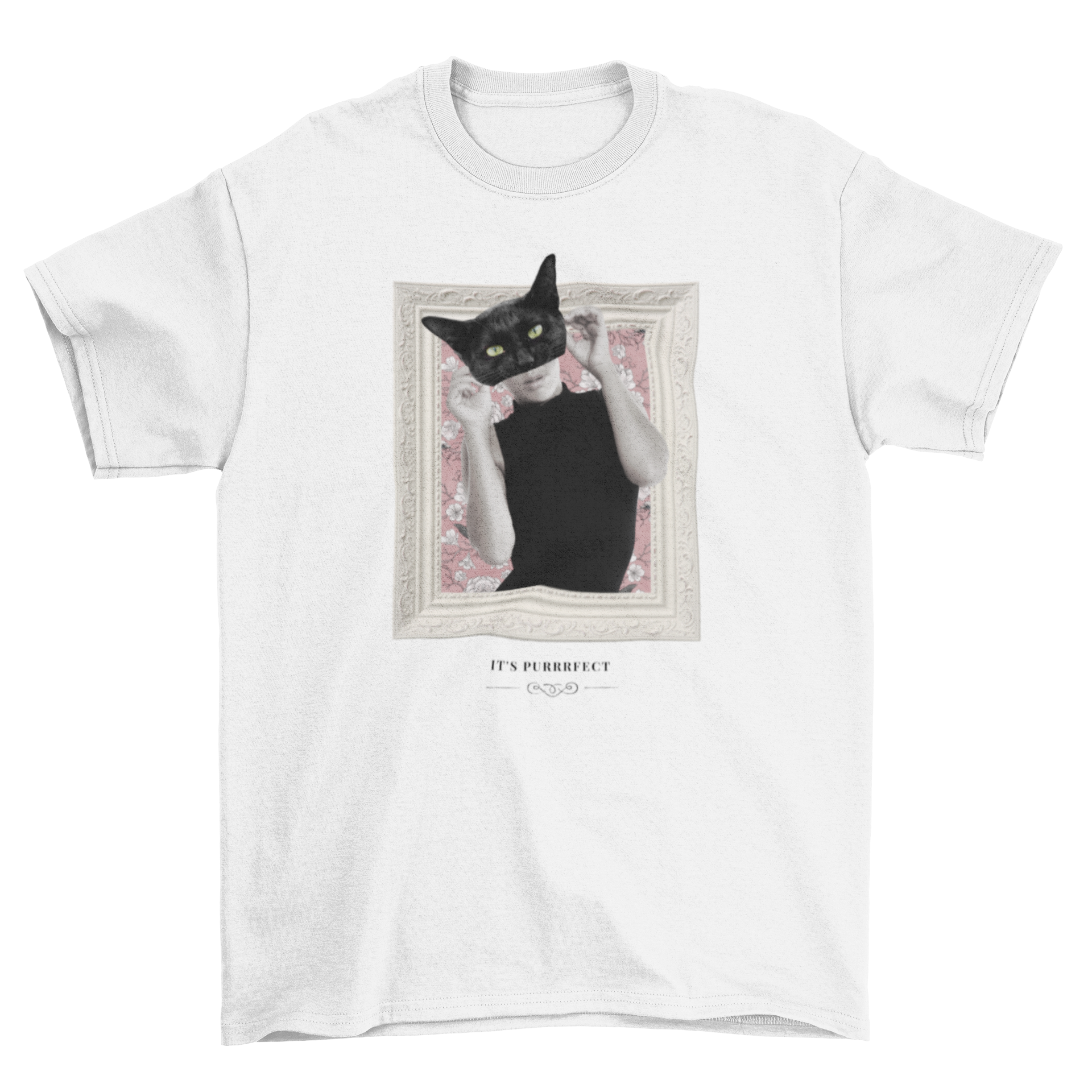 A stylish black t-shirt featuring a woman's face with a black cat design, perfect for cat lovers.