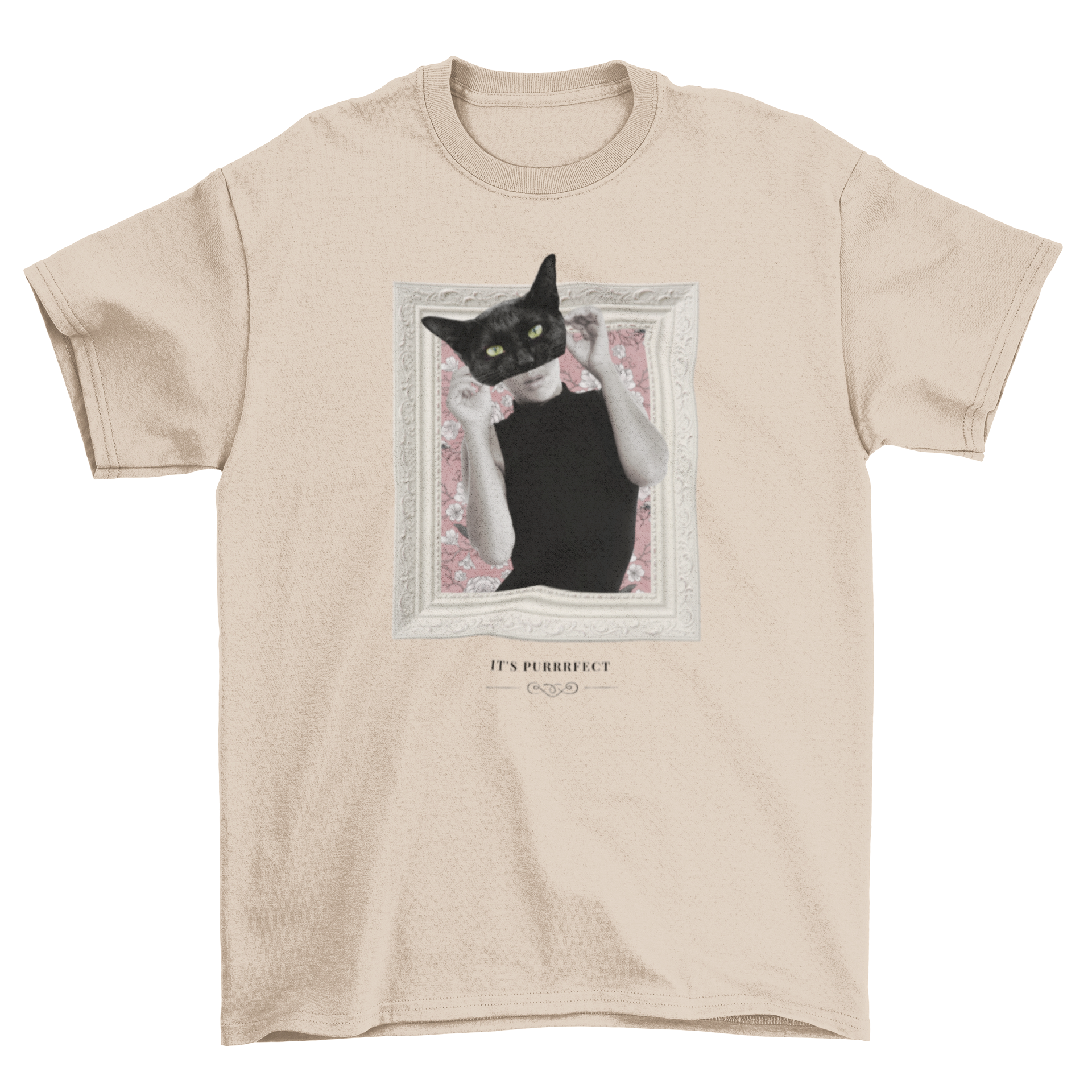 A stylish black t-shirt featuring a woman's face with a black cat design, perfect for cat lovers.