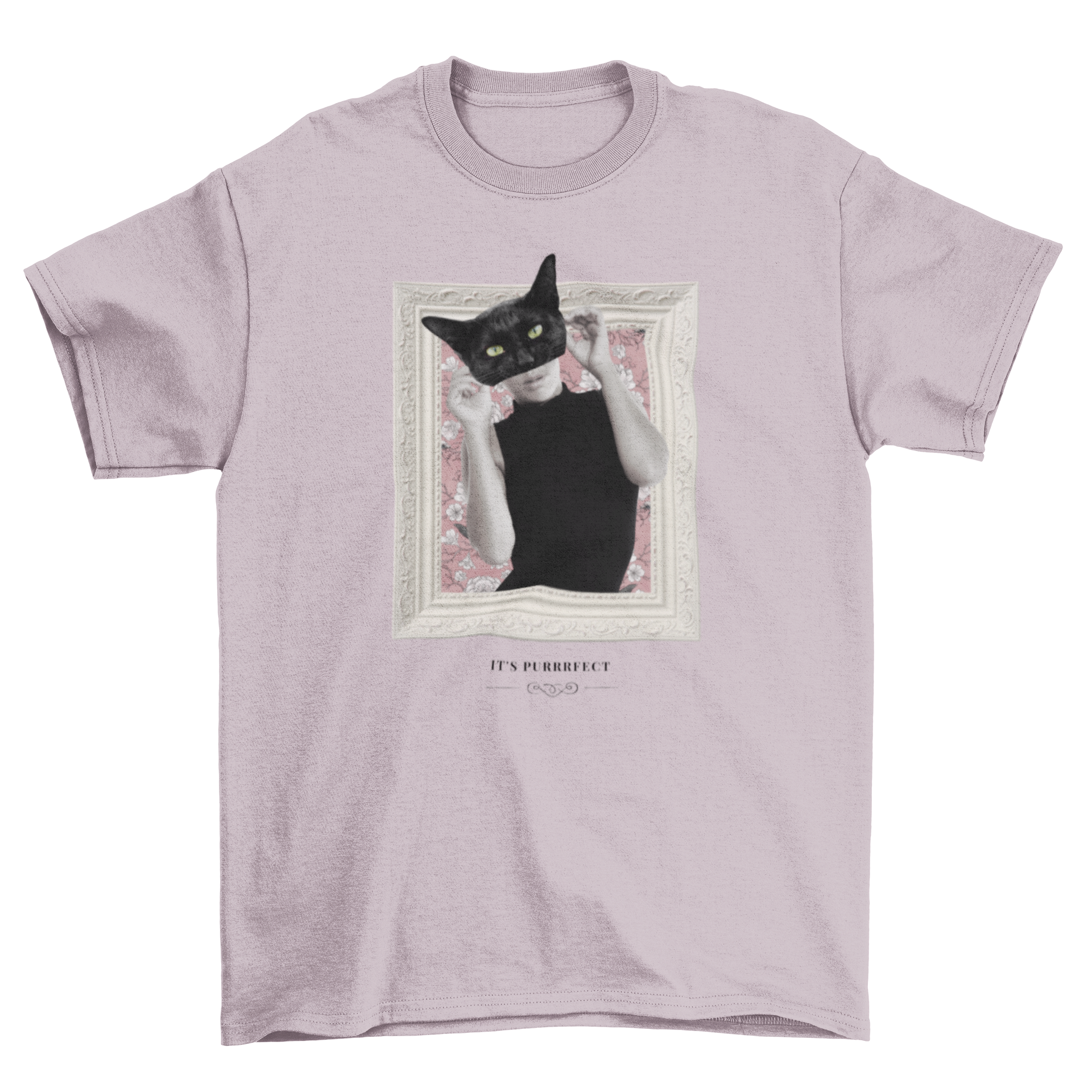 A stylish black t-shirt featuring a woman's face with a black cat design, perfect for cat lovers.