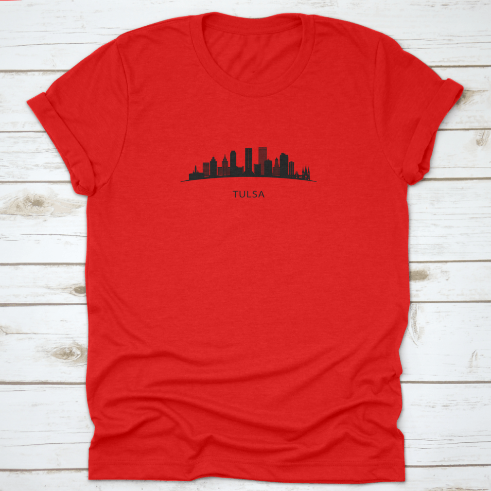 A detailed vector illustration of the Tulsa City skyline in black, showcasing iconic buildings and structures against a white background.