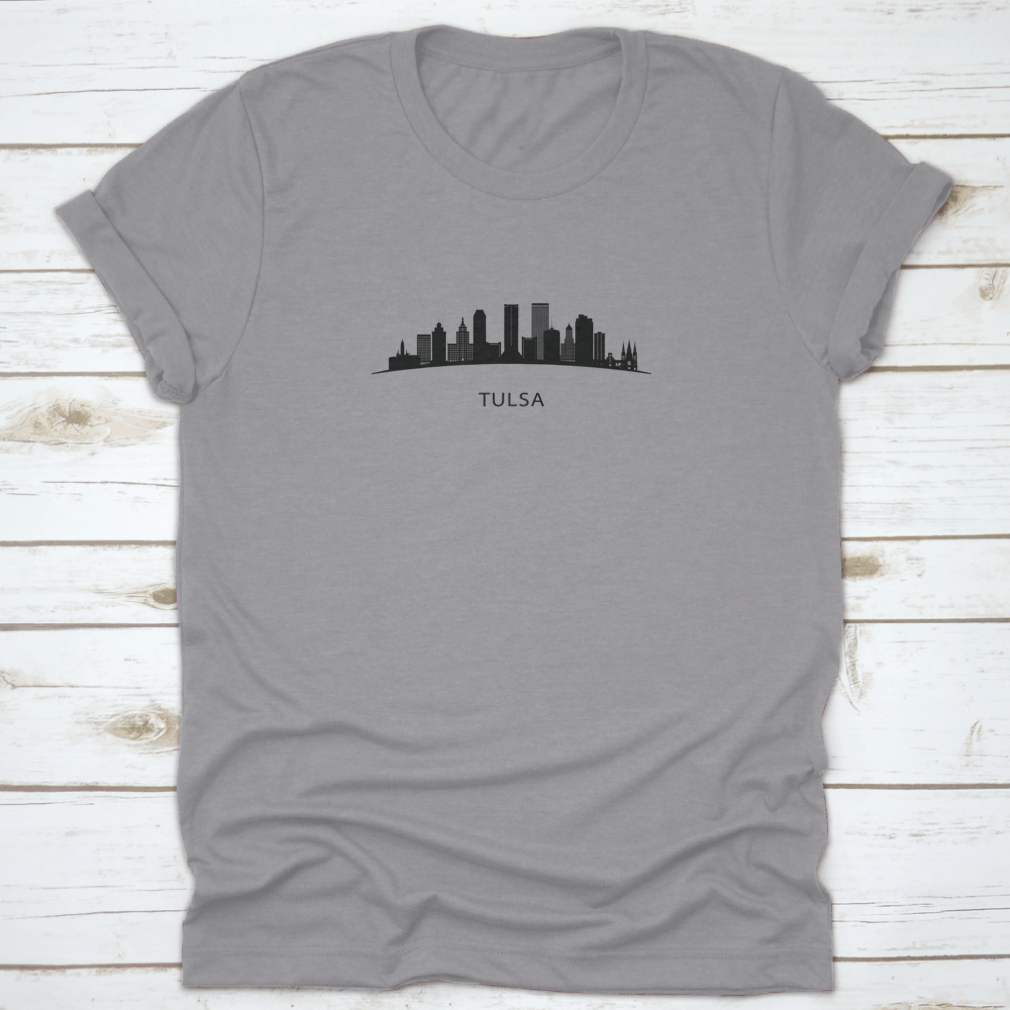 A detailed vector illustration of the Tulsa City skyline in black, showcasing iconic buildings and structures against a white background.