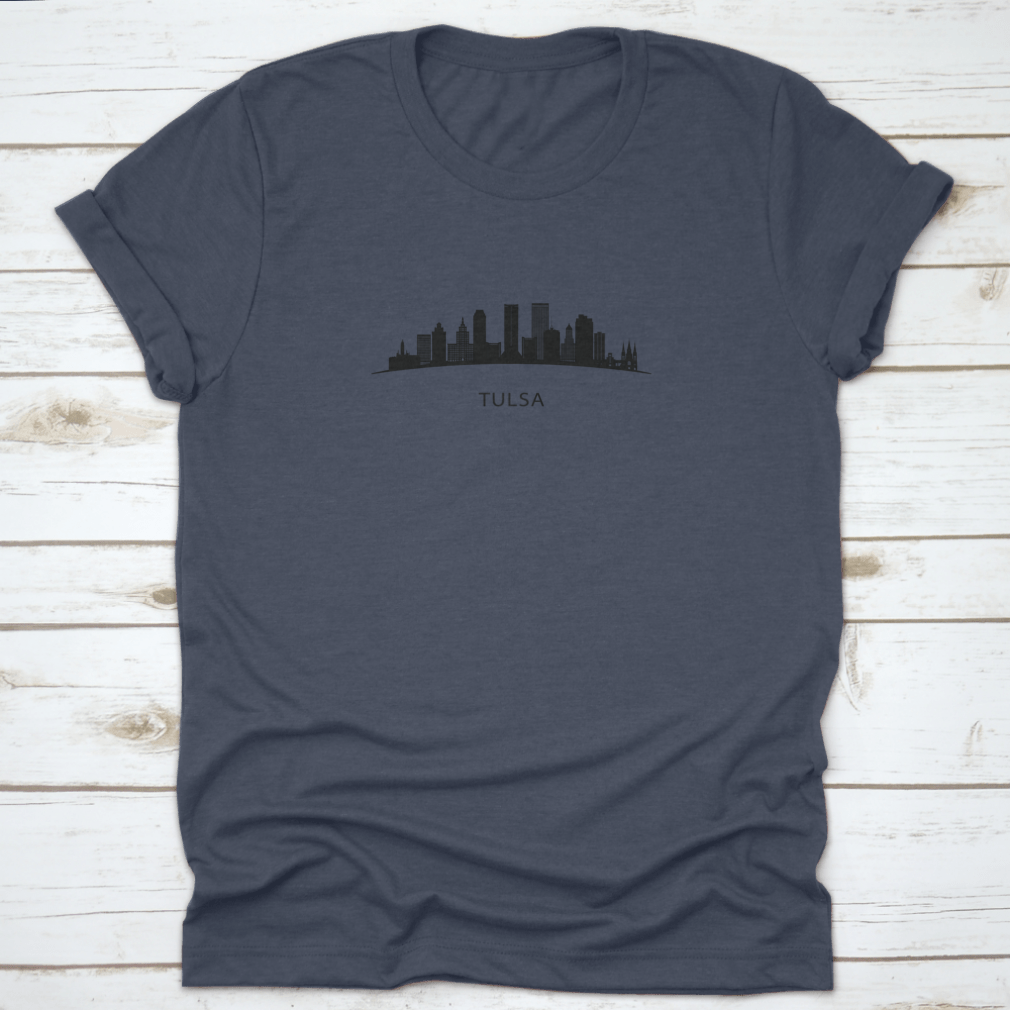 A detailed vector illustration of the Tulsa City skyline in black, showcasing iconic buildings and structures against a white background.