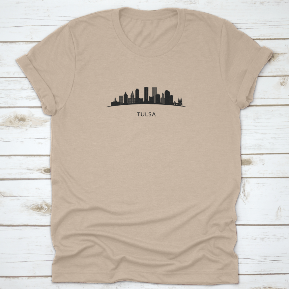 A detailed vector illustration of the Tulsa City skyline in black, showcasing iconic buildings and structures against a white background.