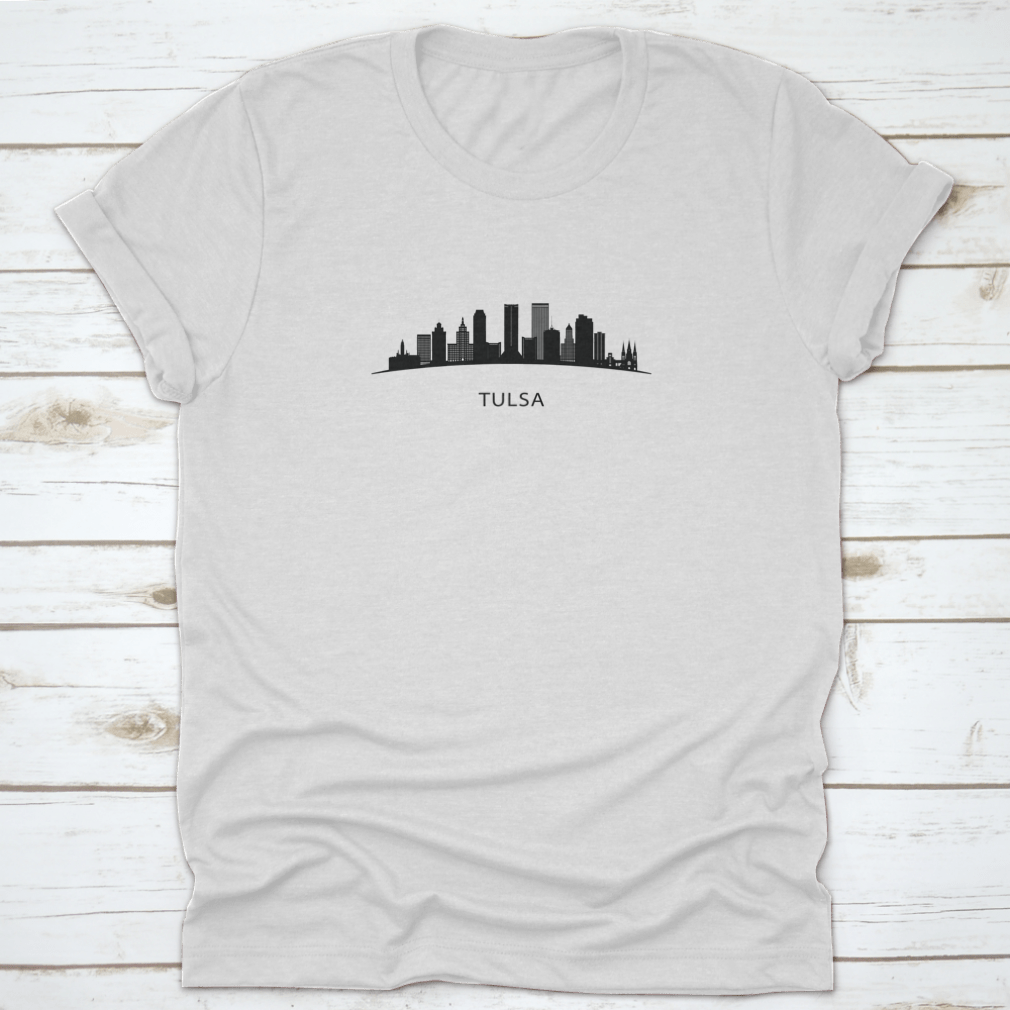 A detailed vector illustration of the Tulsa City skyline in black, showcasing iconic buildings and structures against a white background.