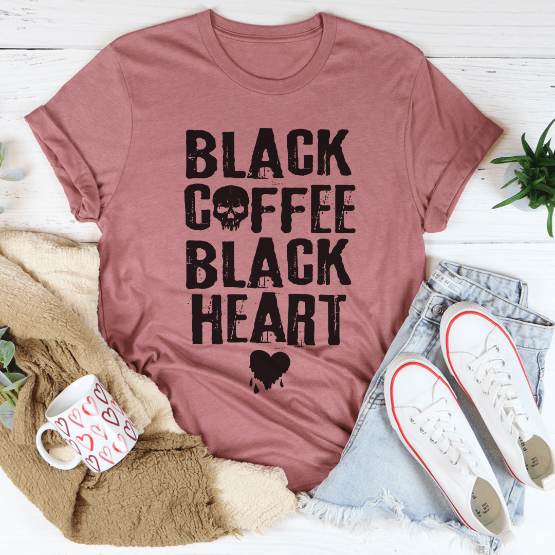 Black Coffee Black Heart T-Shirt made from soft ring-spun cotton with double stitching for durability.