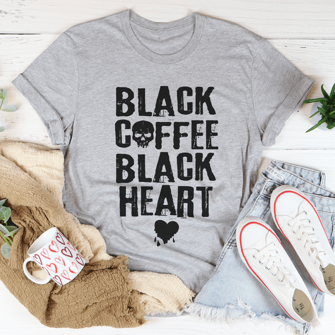 Black Coffee Black Heart T-Shirt made from soft ring-spun cotton with double stitching for durability.