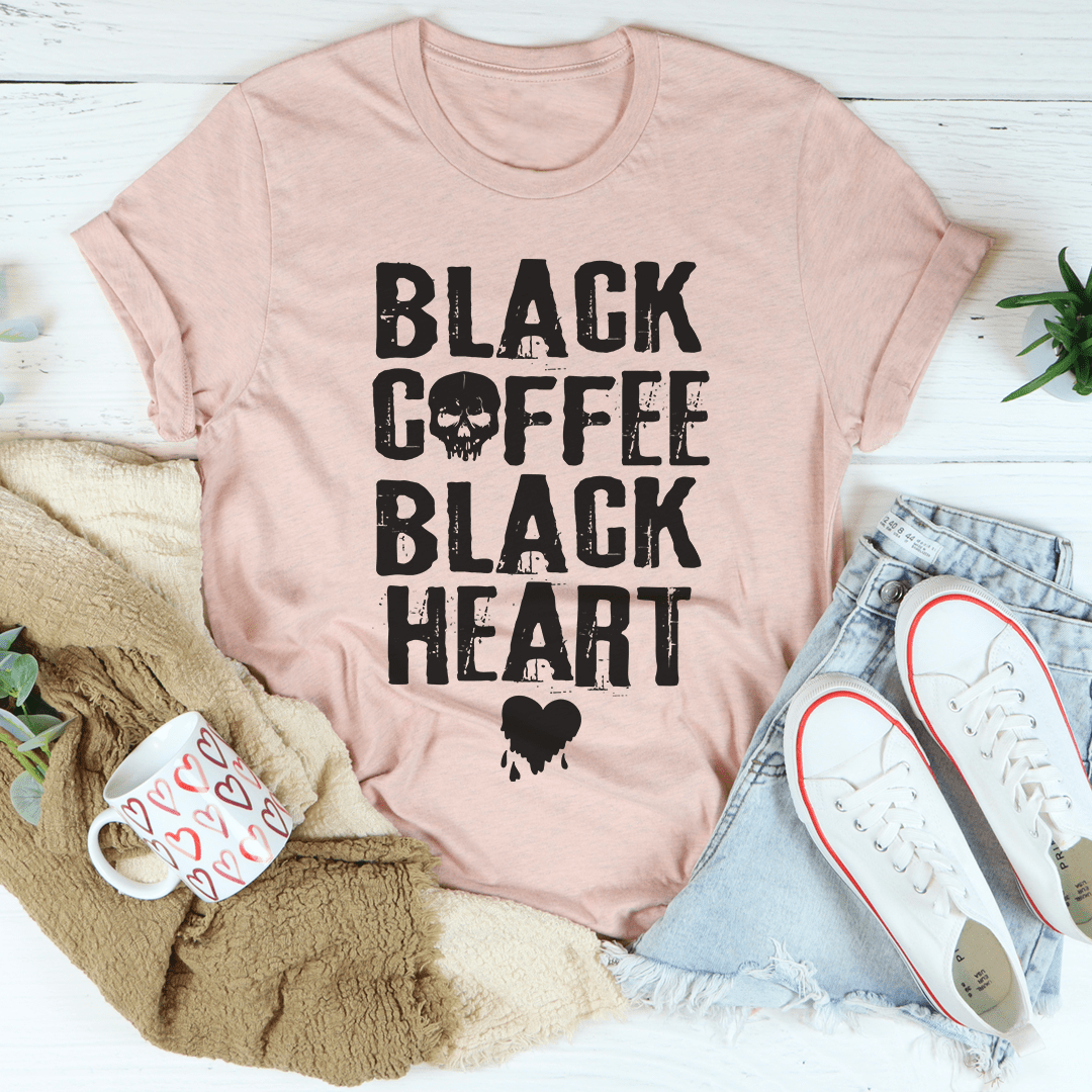 Black Coffee Black Heart T-Shirt made from soft ring-spun cotton with double stitching for durability.