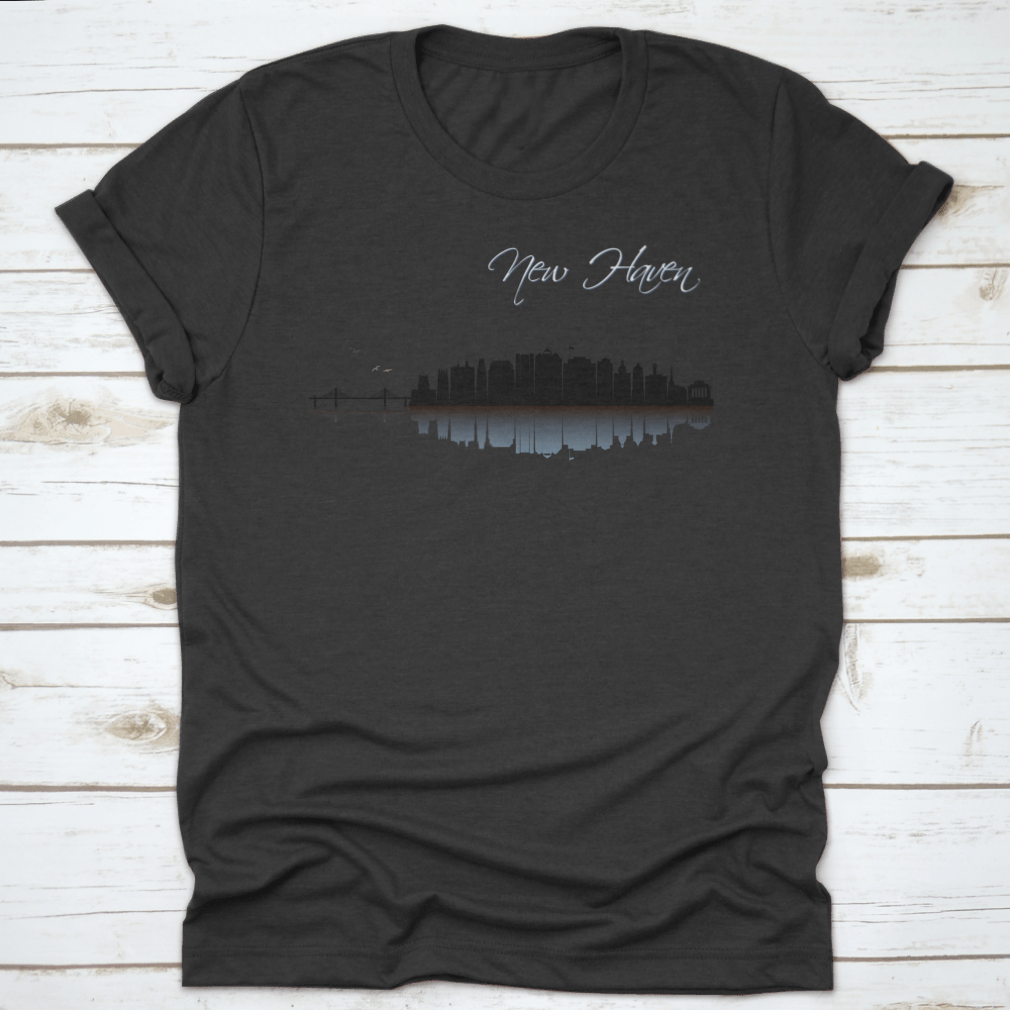 Black t-shirt featuring a vector design of the New Haven skyline in Connecticut, showcasing iconic buildings and landmarks.