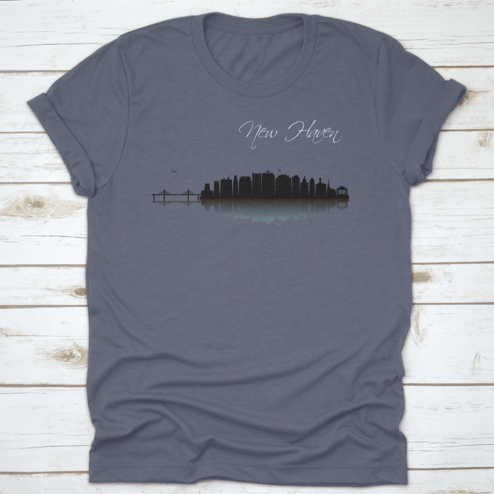 Black t-shirt featuring a vector design of the New Haven skyline in Connecticut, showcasing iconic buildings and landmarks.