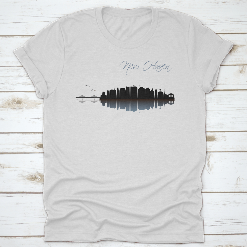 Black t-shirt featuring a vector design of the New Haven skyline in Connecticut, showcasing iconic buildings and landmarks.