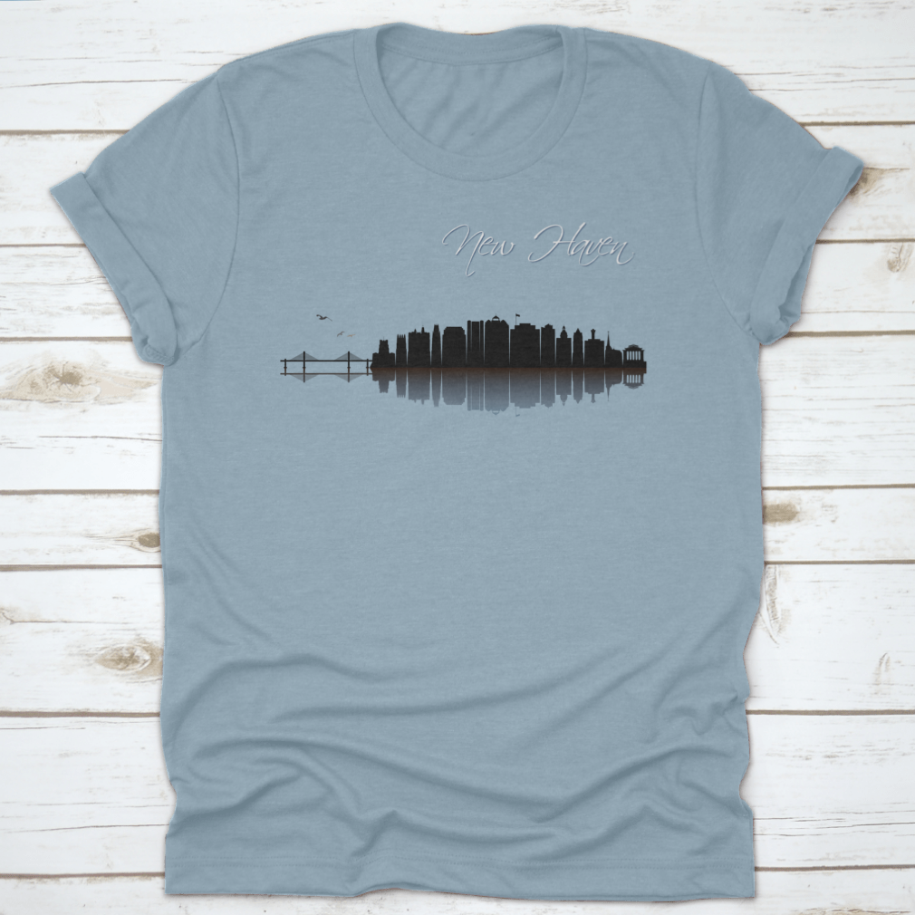 Black t-shirt featuring a vector design of the New Haven skyline in Connecticut, showcasing iconic buildings and landmarks.