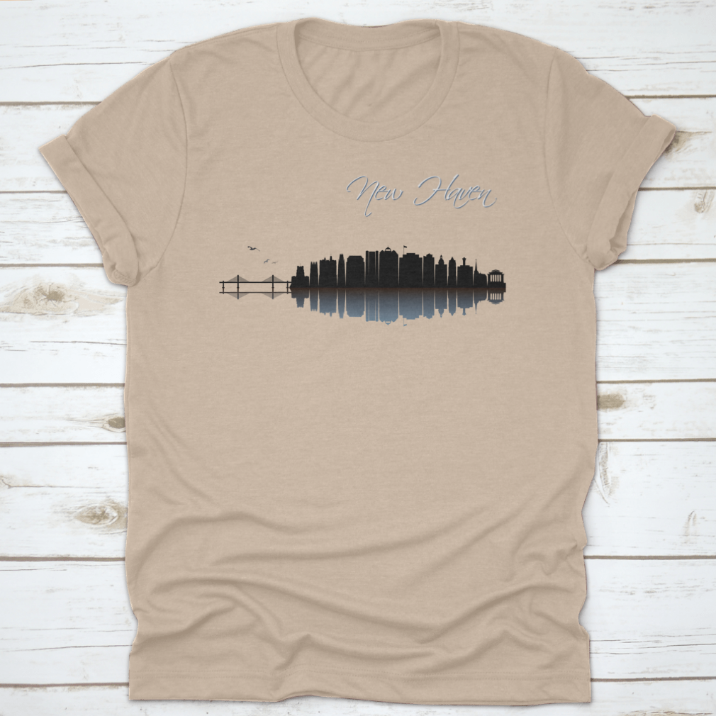 Black t-shirt featuring a vector design of the New Haven skyline in Connecticut, showcasing iconic buildings and landmarks.